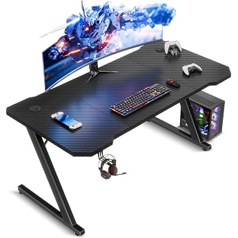 TRIUMPHKEY Gaming Table 120 x 60 cm Gaming Desk PC Table with Headphone Hooks and Carbon Fiber Coating Ergonomic Computer Desk Metal Frame Carbon Fiber Black