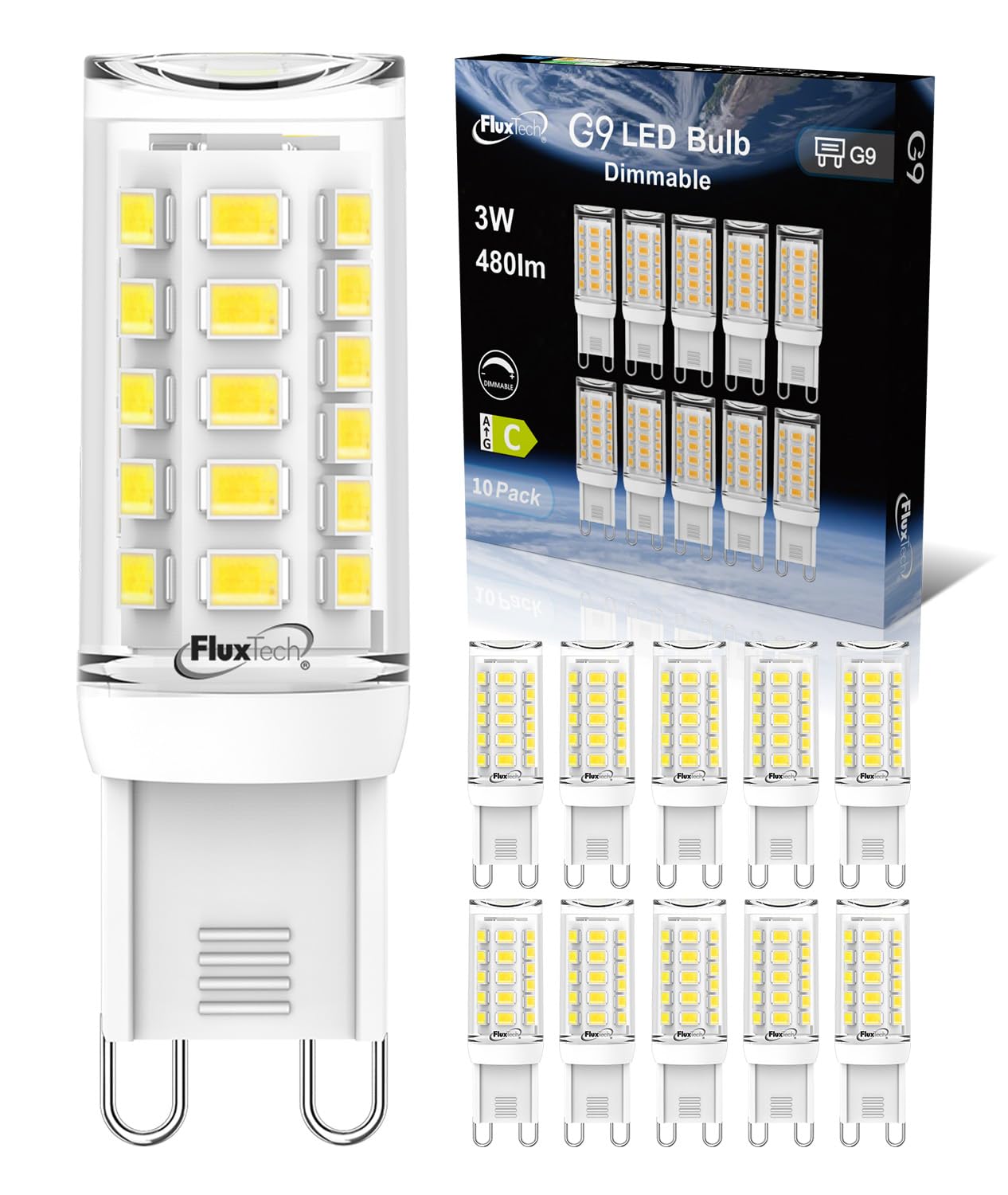 FluxTech G9 LED Light Bulbs Dimmable 3W, Cool White 6000K, Equivalent to 40W 50W Halogen Lamp, 480LM, CRI>85, No Flicker, AC 220-240V Energy Saving Bulb for Home Lighting Chandelier, 10 Pack