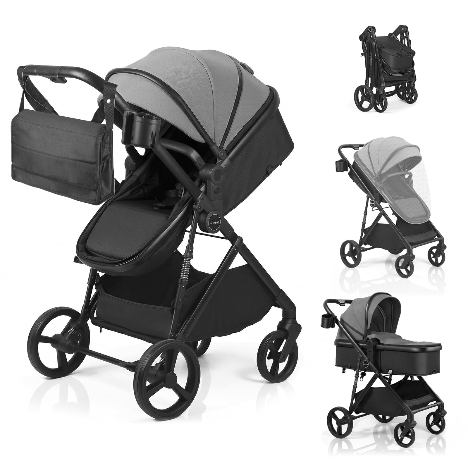 2-in-1 Kinderwagen für 0-36 Monate, Drehbarer Sitz, Leichter Aluminiumrahmen, Kompakte Faltung, Gefederte Räder, Große Tasche, Getränkehalter, CE-Zertifizierter-Kinderwagen