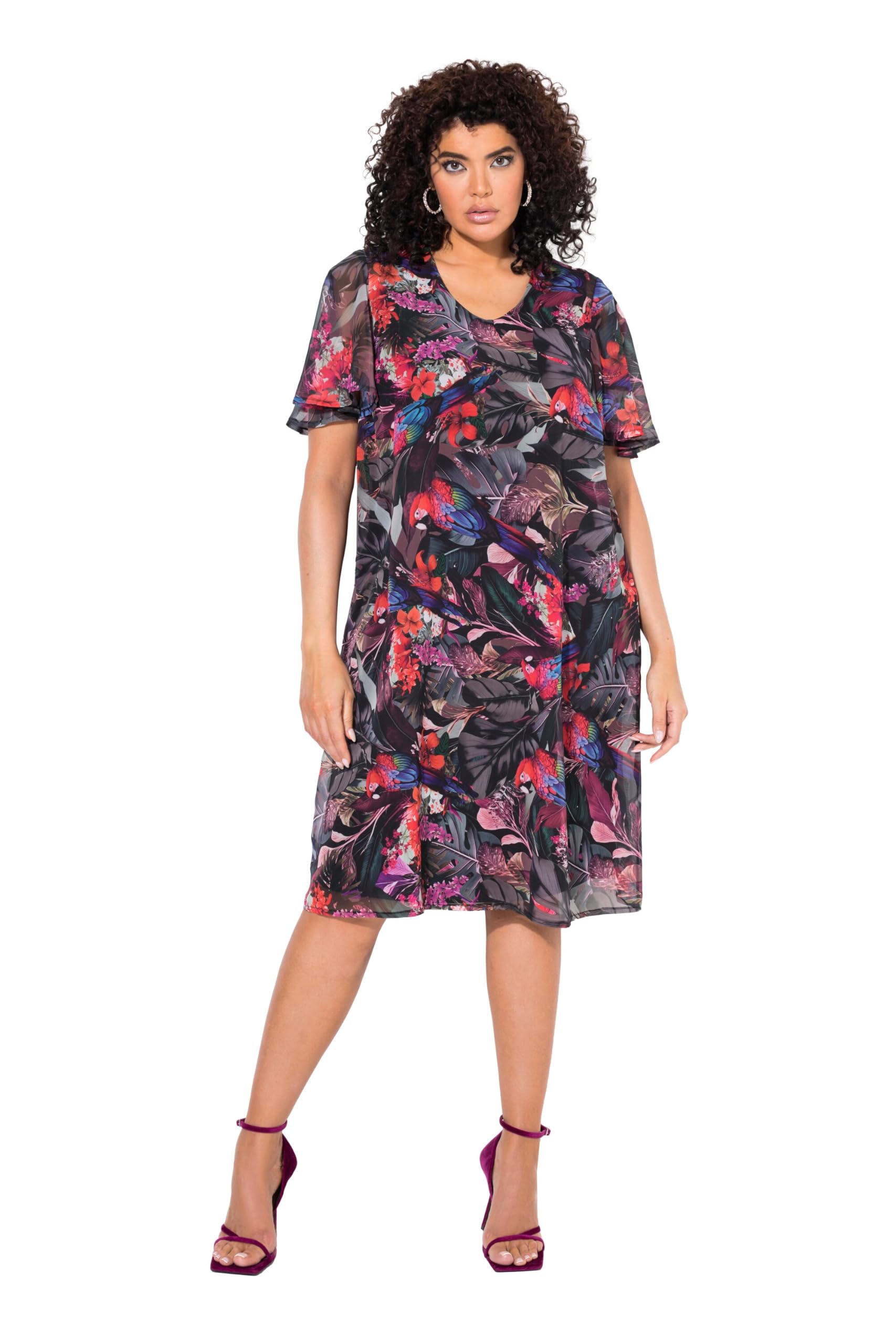 Ulla Popken Damen große Größen Übergrößen Plus Size Kleid, Papageien, A-Linie, V-Ausschnitt, Glocken-Halbarm 840423