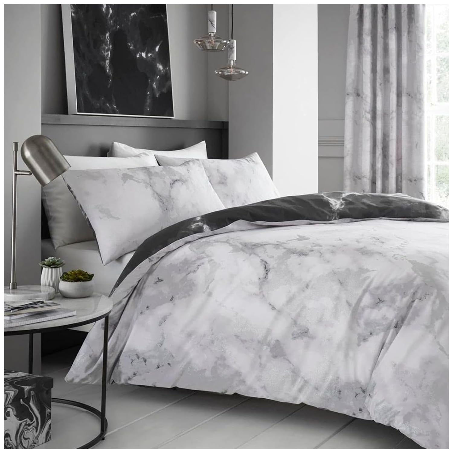 GC GAVENO CAVAILIA Marble Textured Soft Kingsize Duvet Cover Sets | Breathable Reversible Marble King Size Bedding With Matching Pillowcases | White