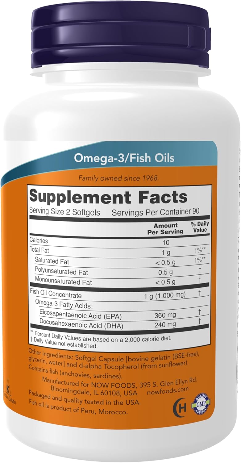 NOW Omega-3 Mini Gels, 180 EPA / 120 DHA, 180 Softgels, Foods 180 Count (Pack of 1)