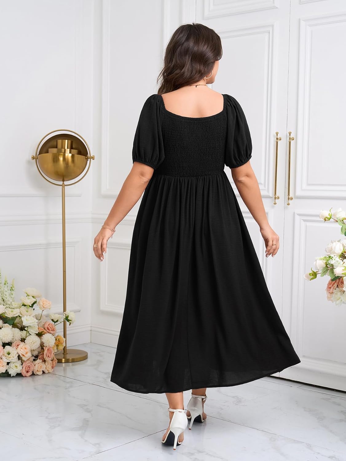 SCOMCHIC Plus Size Sweetheart Neckline Maxi Dress Formal Wedding Guest Short Puff Sleeve Cocktail Smocked A-Line Dresses - Image 6