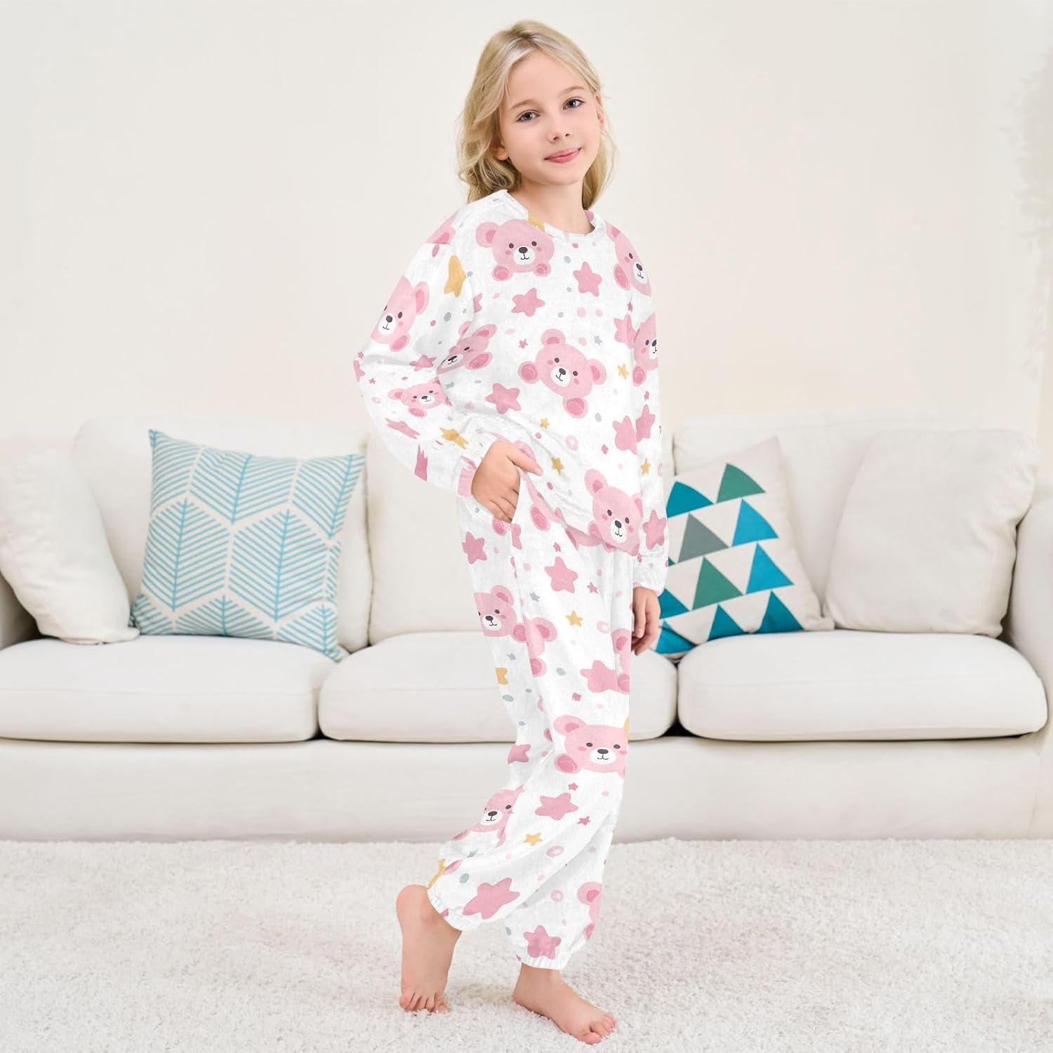 Kids Flannel Sets Pink Bear and Stars Warm Plush Relaxed Clothing for Boys and Girls