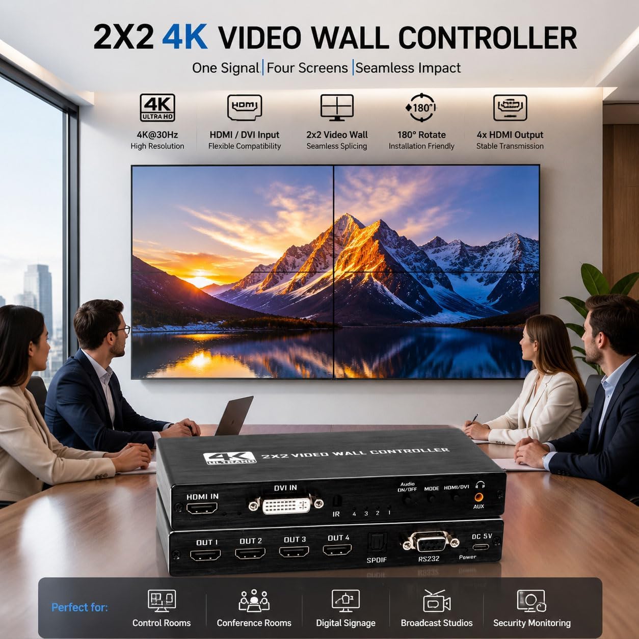 2x2 4k Video Wall Controller, Transform 4 TV Screens into a Single Wall Display with HDMI & DVI 4K Input, 180° Rotation, Audio Output, IR Remote/RS232/Button Press Control image 3