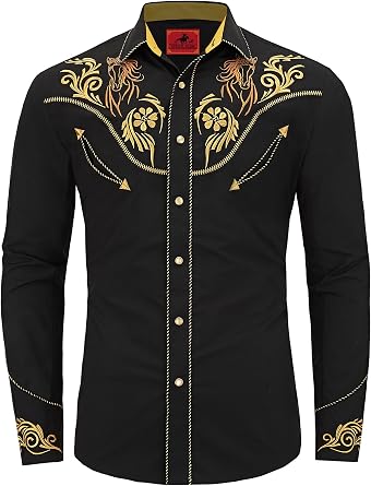Mens Western Cowboy Shirt Embroidered Exquisite Long Sleeve Regular Fit Snap Button Down Shirts