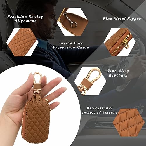 Miniatura 9 de Dickno Funda para llaves de automóvil, de cuero auténtico, soporte inteligente para llavero inteligente, funda protectora antiarañazos con gancho de