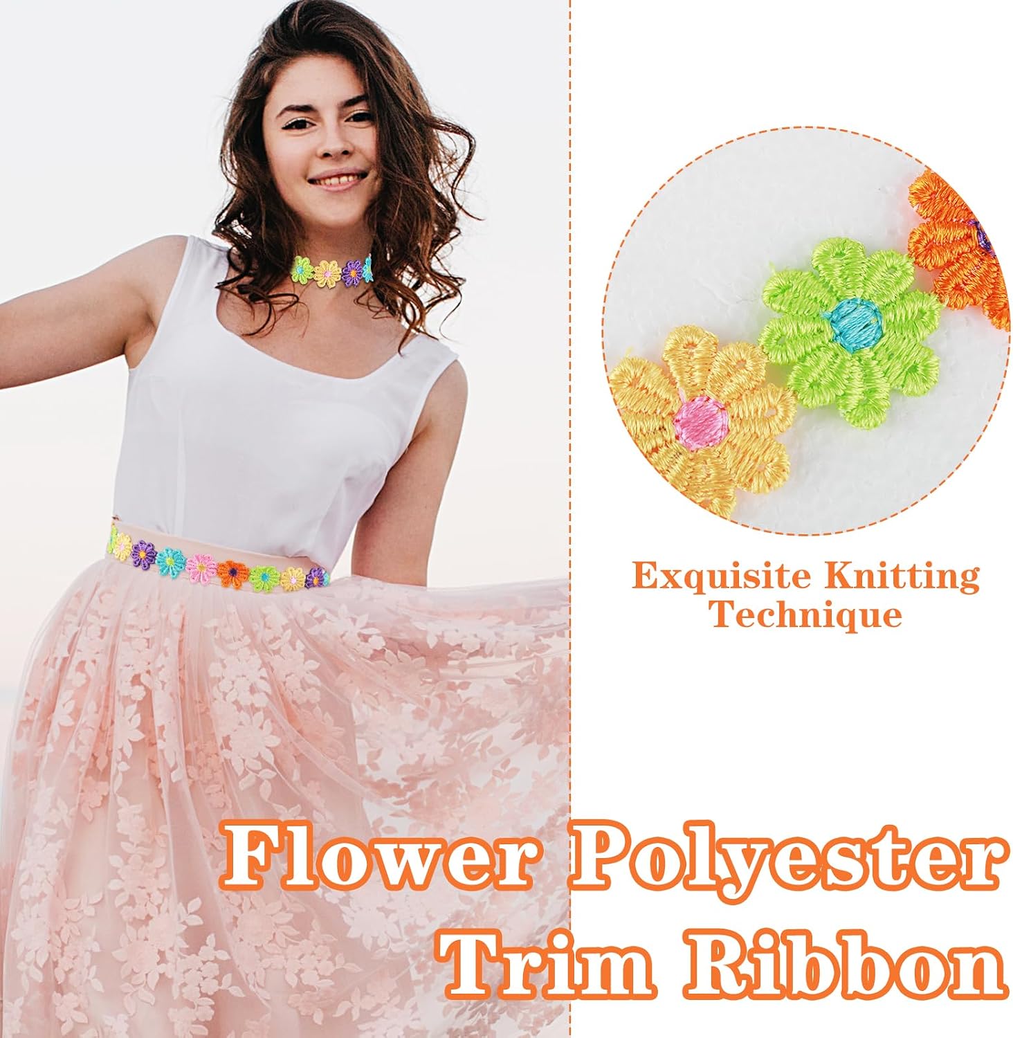 Color Lace Trim Daisy Flower Lace Trim Floral Lace Ribbon Sunflower Embroidered Fabric Trim Colorful Trim Decorating for Appliques Sewing Craft DIY, Clothes Decoration(1 inch/5 Yard)