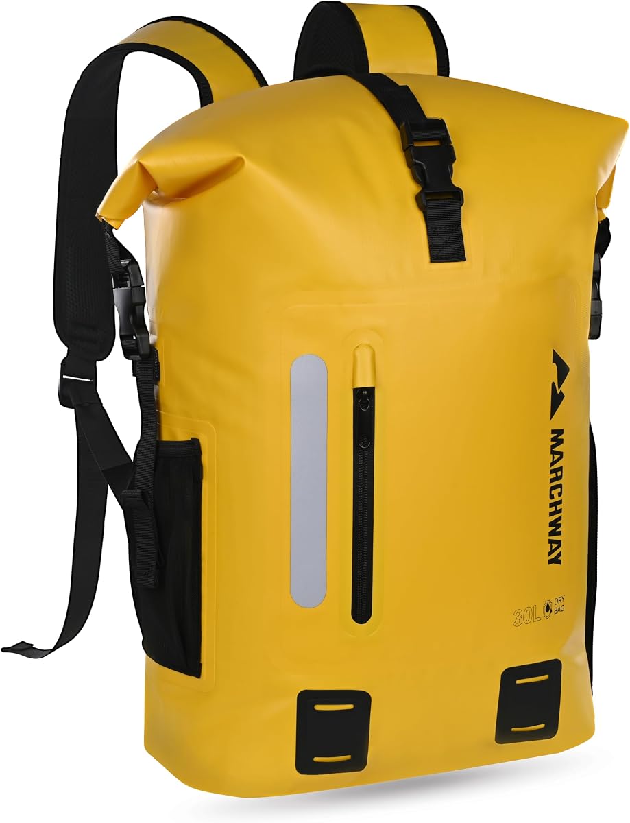 Roll Top Waterproof Backpack, Floating Dry Bag 20L/30L/45L with Ergonomic Rectangular Base, Cushioned Back, Hip Strap for Hiking Camping Kayaking Travel (Yellow, 30L)