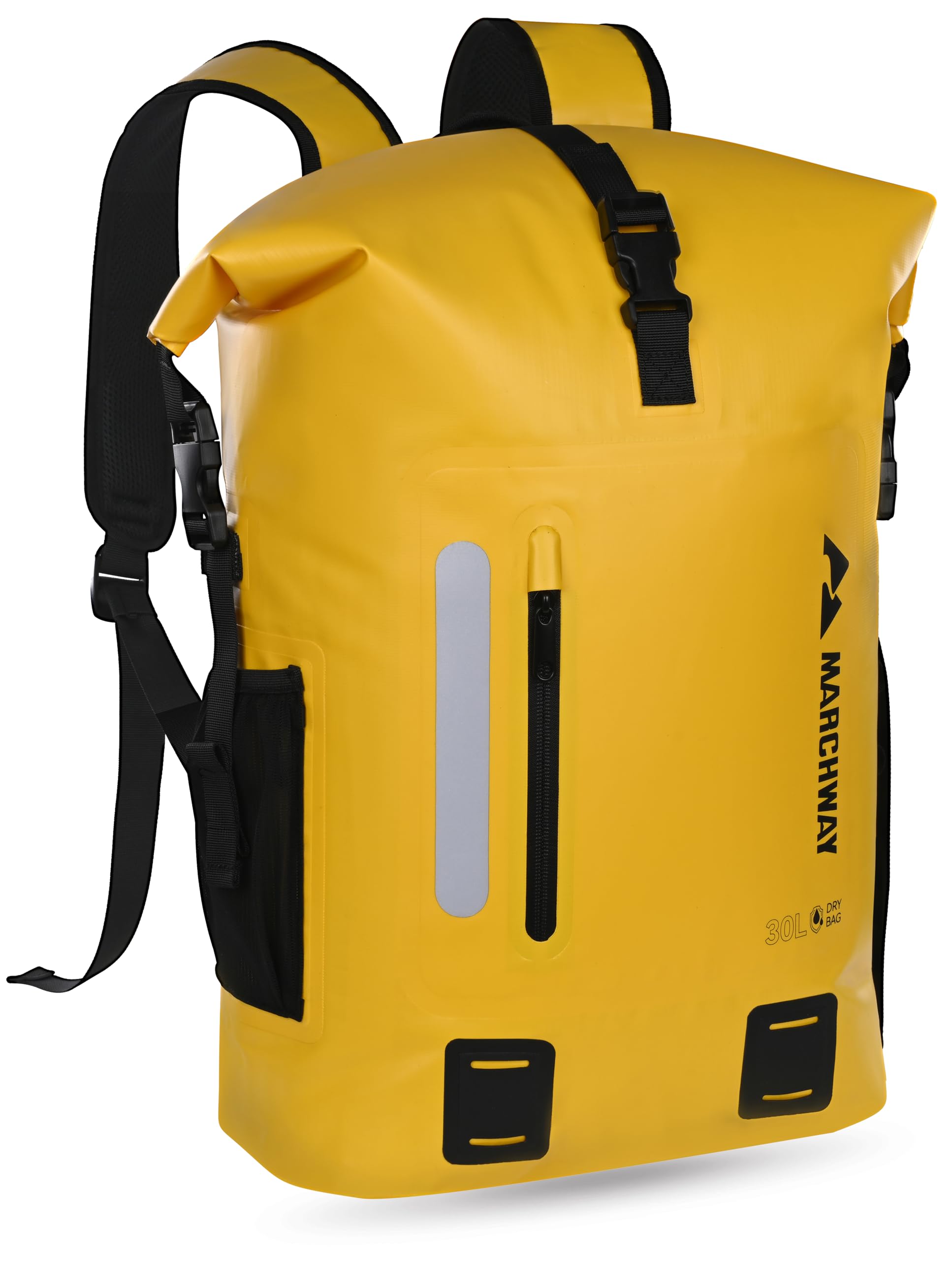 MARCHWAY Roll Top Waterproof Backpack, Floating Dry Bag 20L/30L/45L with Ergonomic Rectangular Base, Cushioned Back, Hip Strap, Gear Loops, MOLLE for Hiking Camping Kayaking Travel (Yellow, 45L)