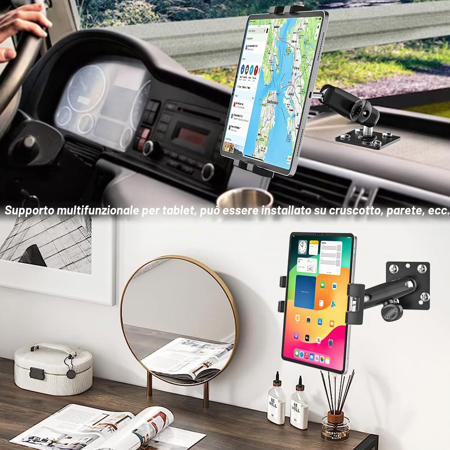 Supporto Tablet Auto con Base Trapano, Supporto Tablet Cruscotto per Veicolo Camion Camper Barca con Braccio Metallico Regolabile per iPad Mini, Air, Pro, Galaxy, Kindle, Fire, Telefono, 4-13"