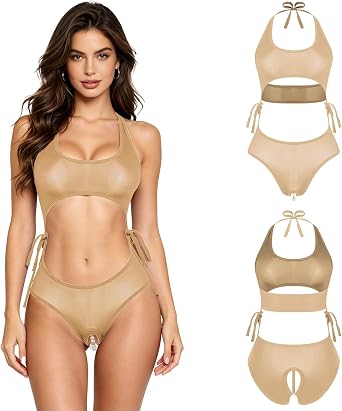 Yartina Women High Elasticty Hollow Out Nylon Leotard with Pearls Massage Oil Glossy Crew Neck Slutty Lingerie