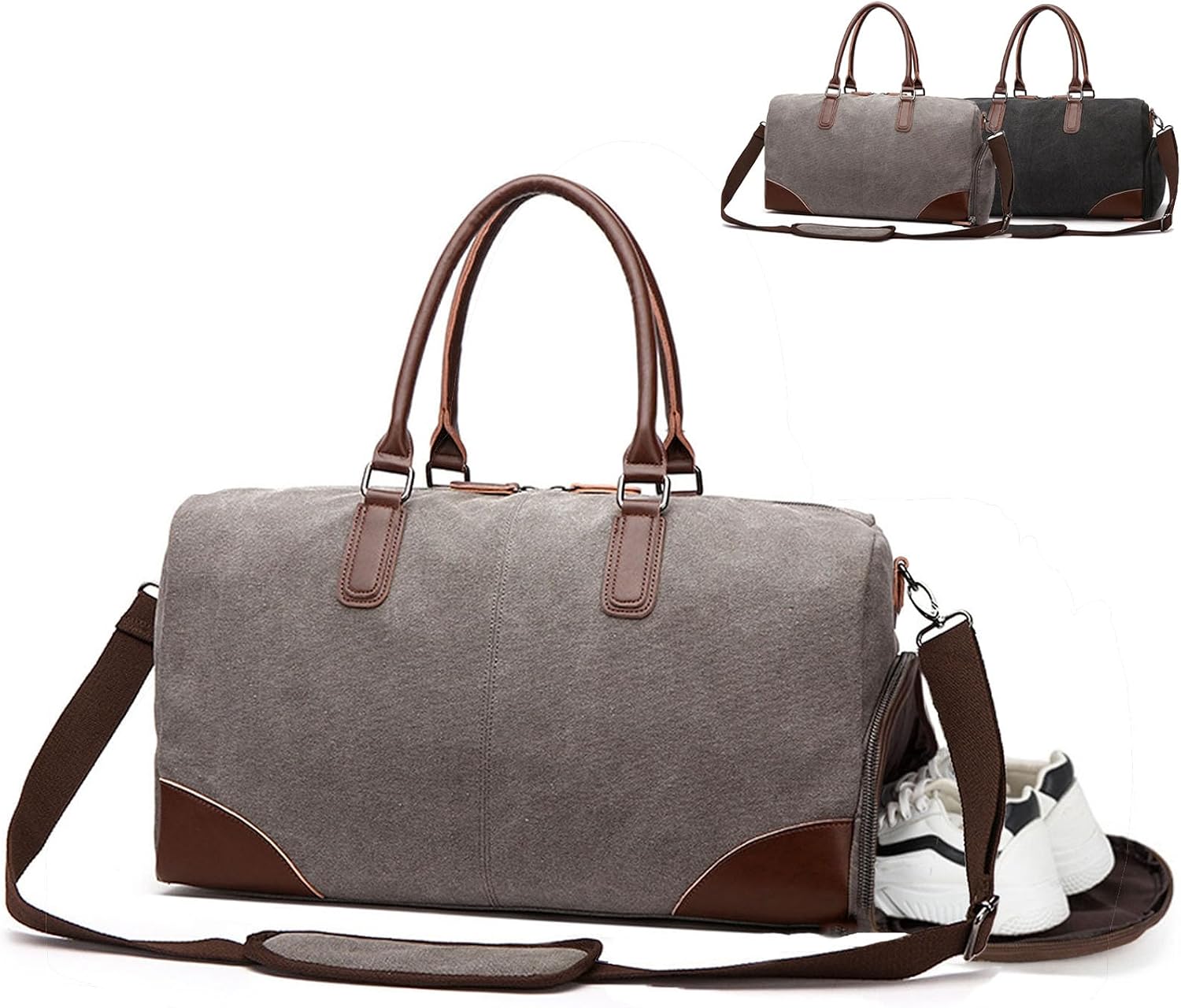Canvas Leather Duffle Bag for Men,55L Large Sports Travel Duffle Bag with Shoes Compartment,Vintage Carry on Duffel Bag Weekender Bag Overnight Bag (grey)