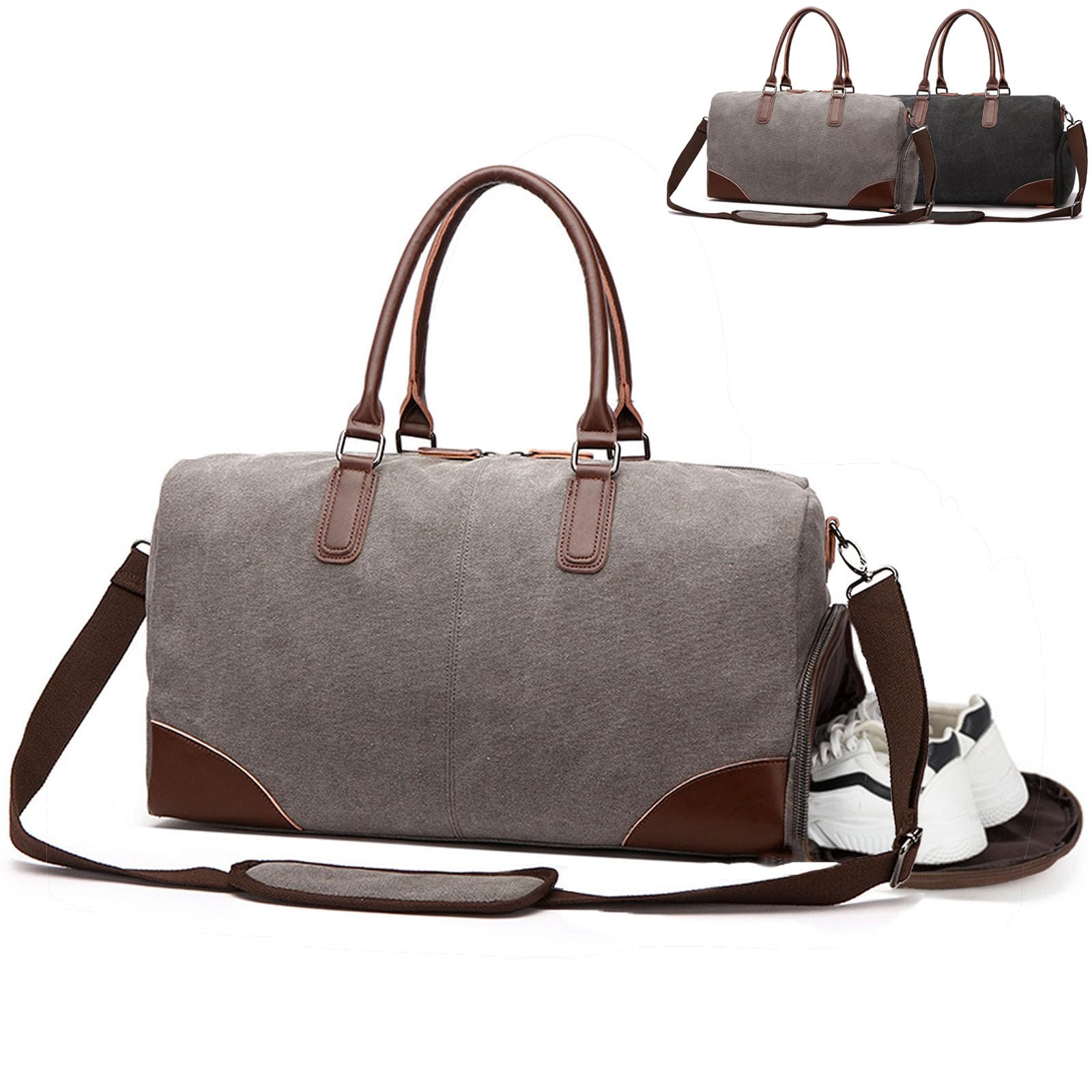 Sporttasche Reisetasche Groß 55L,Sporttasche mit Schuhfach Nassfach,Canvas Leder Duffle Bag Herren,Vintage Handgepäck Gym Bag (grau)