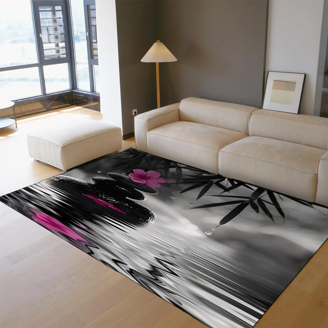 Tapis de salon 140x180 cm moderne à poils faibles lavable motif bambou rose
