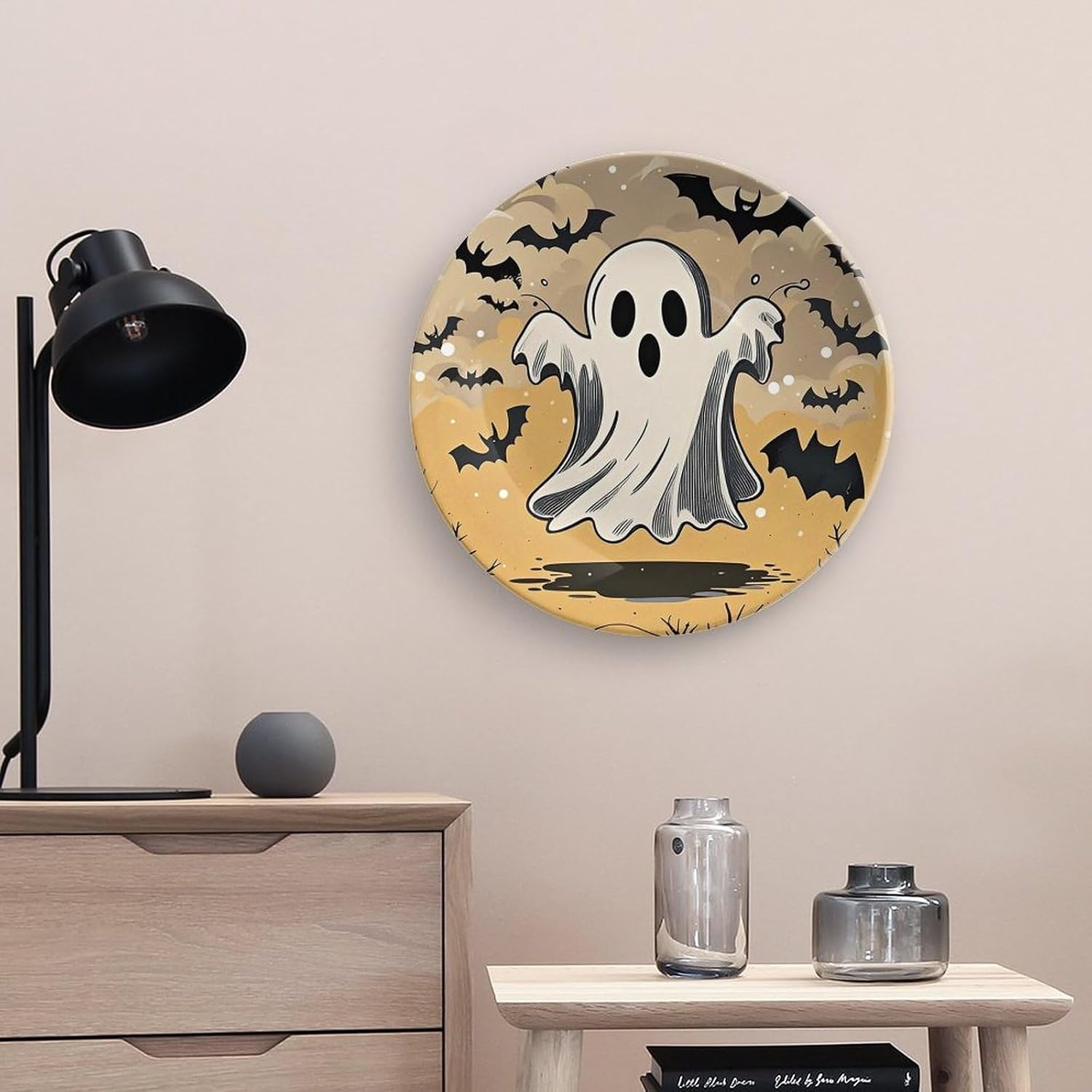 Ghost Bat Ceramic Decorative Plate for Home, Bone China Plates | Chinese Style Decorative Dish with Stand, Dinner Plates Art Crafts for Wall Decor, Collections Plate with Hook 10inch