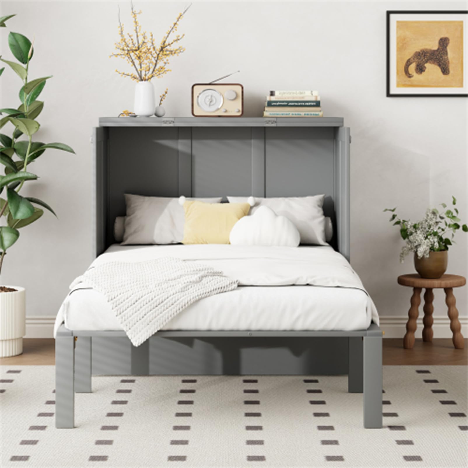 Letto verticale per armadio con rete a doghe, pieghevole da parete per adulti e ragazzi, letto singolo, per camera da letto, letto degli ospiti, in legno, struttura del letto, grigio, 90 x 200 cm