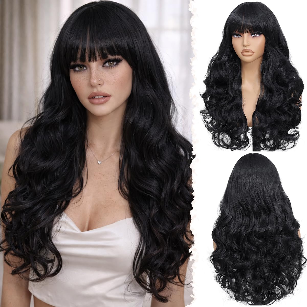 Black Wig with Bangs 26 Inch Synthetic Body Wave Wig for Women, Natural Looking Soft Hair, Glueless Beginner Friendly Wig, Heat Resistant Daily Wear Wig(Black)