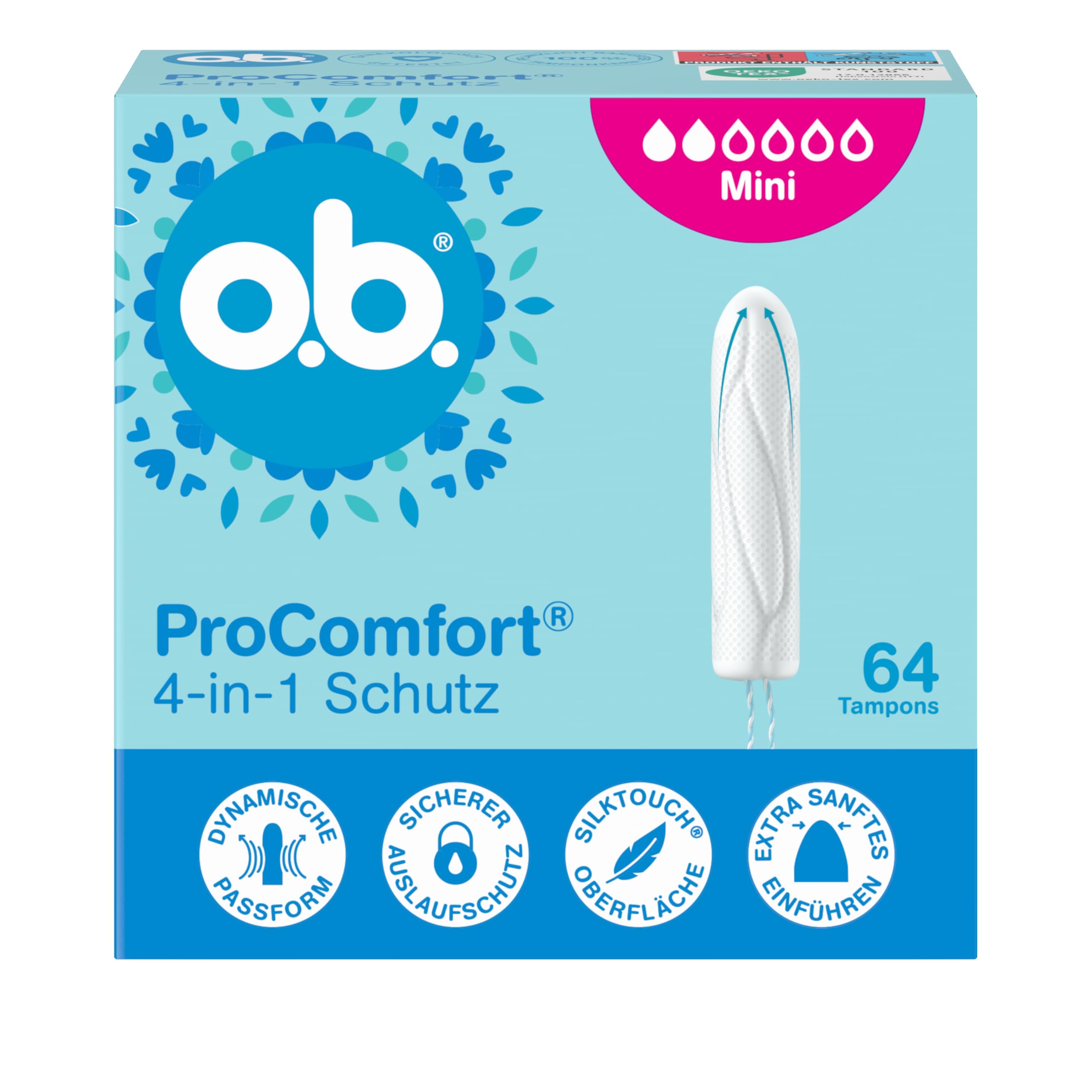 o.b. ProComfort mini tamponi di protezione 4 in 1 (1 x 64 pezzi) con punta extra delicata per un facile inserimento e protezione fino al 100% contro le perdite, ideali per lo sport e la vita