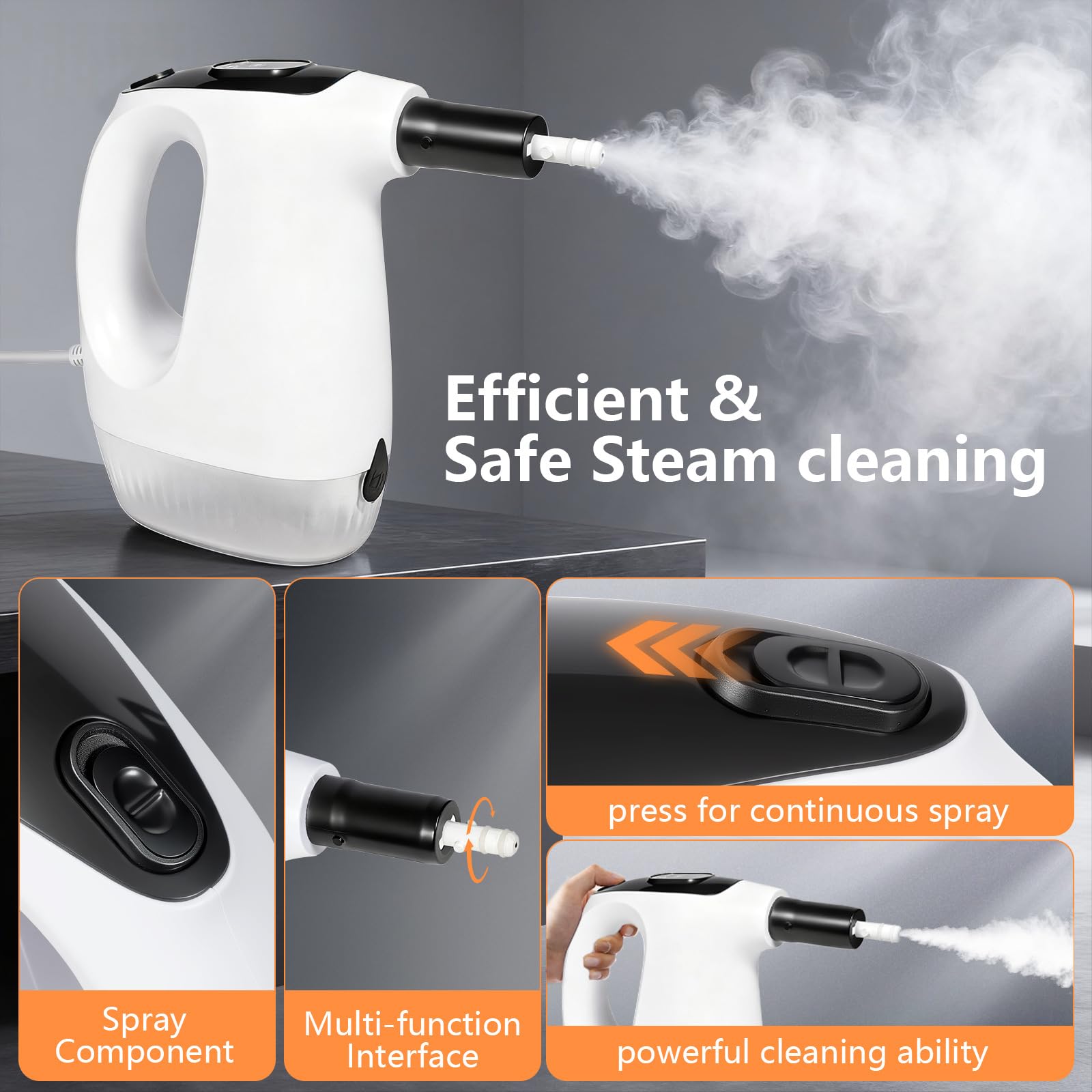 Mop parowy, ręczny odkurzacz parowy, 1200 W, zawiera 15 nasadek czyszczących, nadaje się do podłóg z twardego drewna, płytek, fug, mebli, czyszczenia dywanów