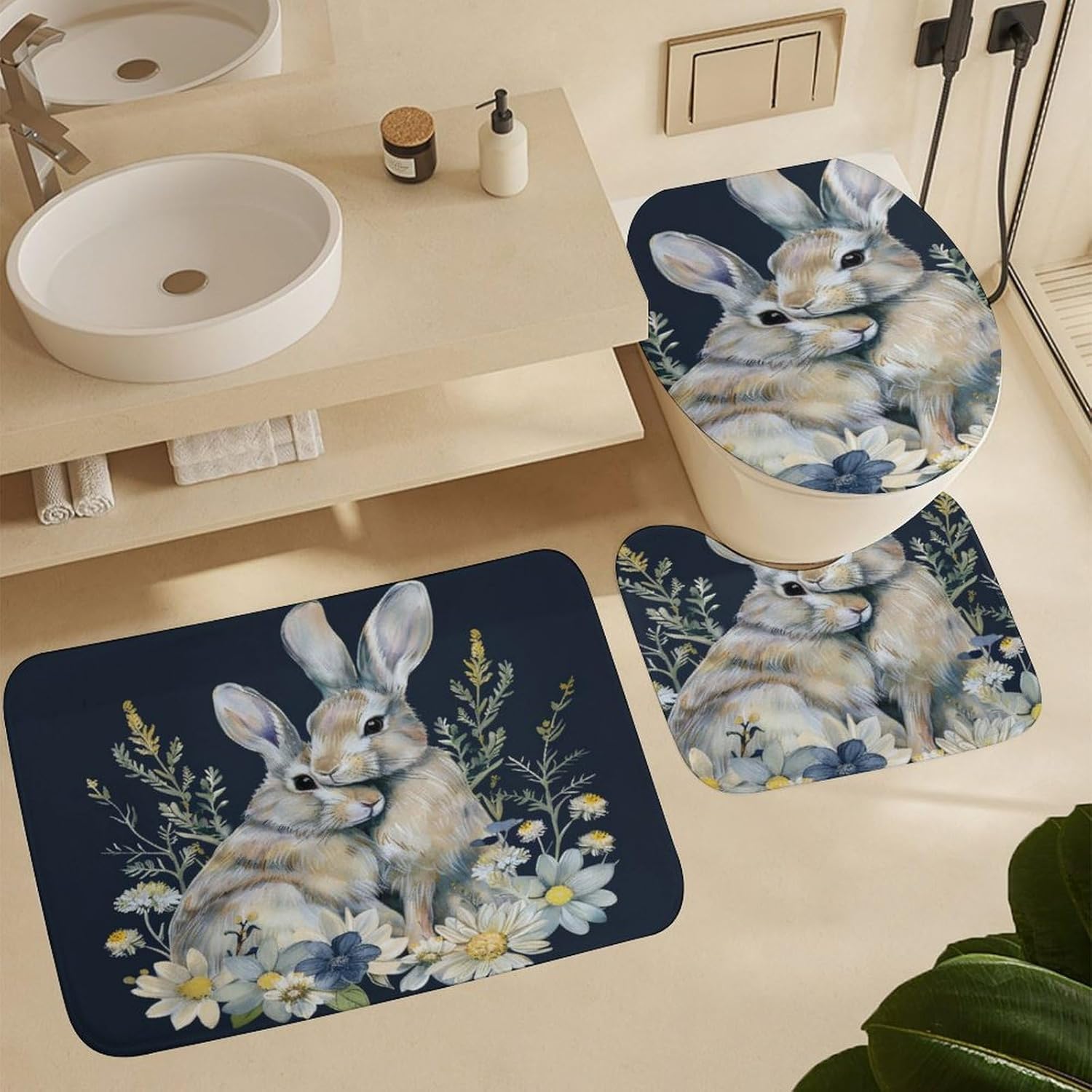 Bathroom Rug Mats Set 3 Piece Mother, Baby Rabbit Spring Floral Navy Blue Unique Bathroom Mats Soft Washable Bath Mats 20"x32" Watercolor Rabbit Bath Mat + Contour Mat + Toilet Seat Cover
