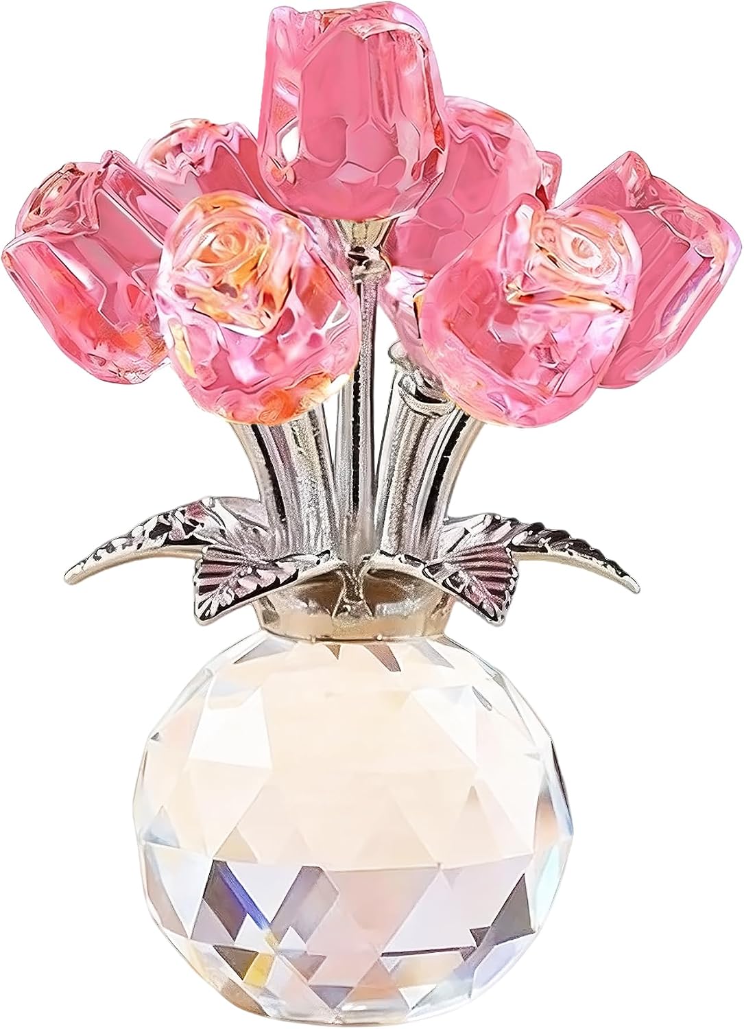 Crystal Rose Flower Figurine Crystal Flower Gifts for Women,Glass Rose Gift for Birthday, Wedding Party Collectible Figurines - Gift Box Included (Pink)