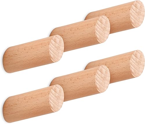 Paquete de 6 ganchos de pared de madera, ganchos de madera para colgar abrigos de pared, ganchos resistentes para sombreros y batas, perchas