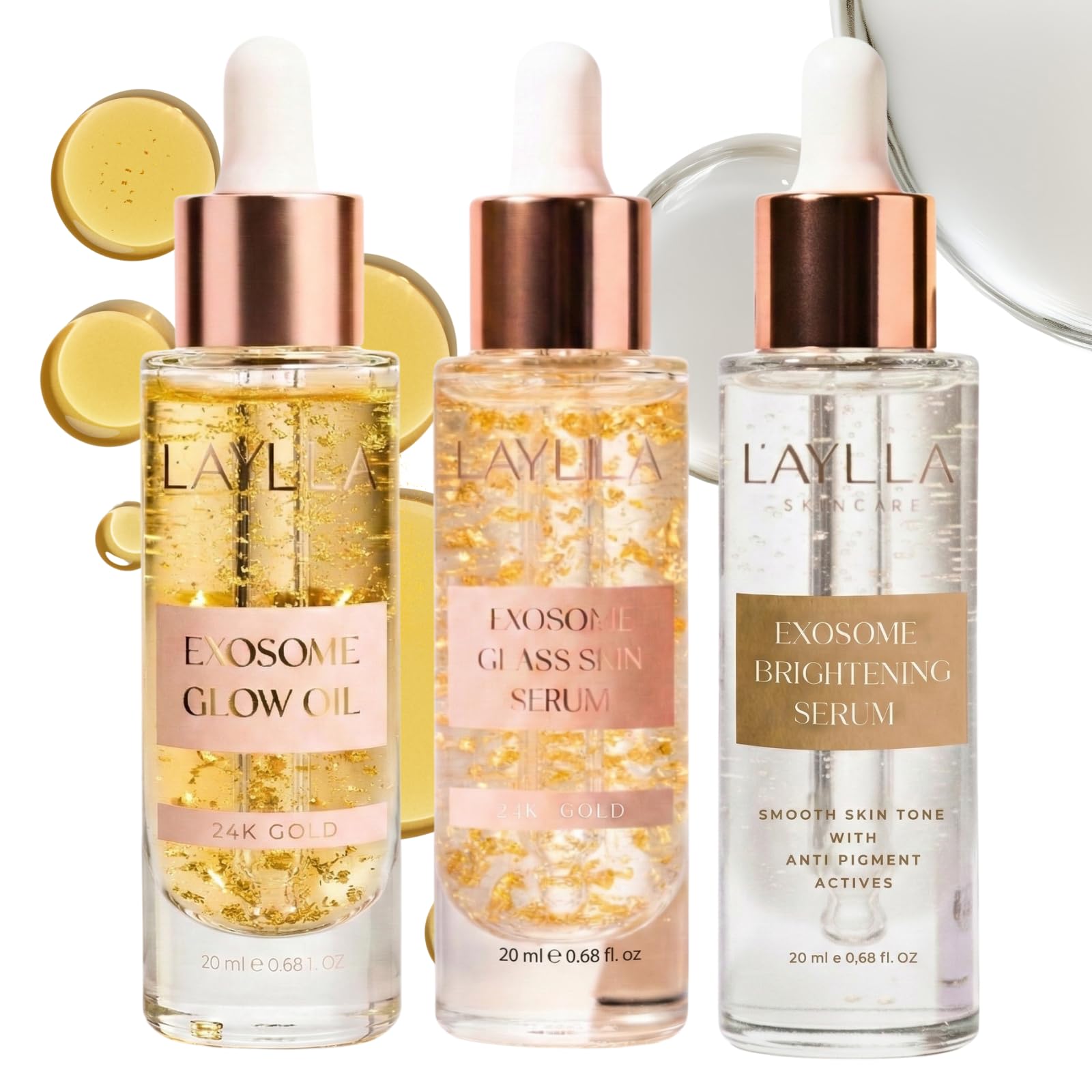 L'AYLLA Exosome Trio Set (3x20ml) – Brightening Serum, Glass Skin Serum & Glow Oil – Zellregeneration & Strahlkraft – Mit Niacinamid, Arbutin & Hyaluron