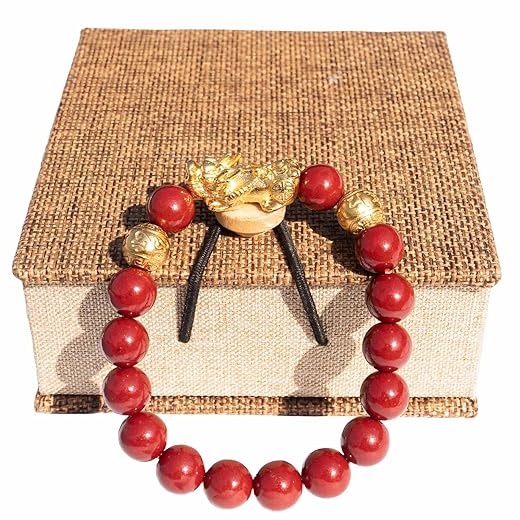 Feng Shui Bracelet 24k Gold Plated PiXiu Bracelets for Men Women, Red Cinnabar Bracelet Prayer Beads Dragon Protection Bracelet Jewelry Gifts Meaning to Attract Wealth and Good Luck(12mm)