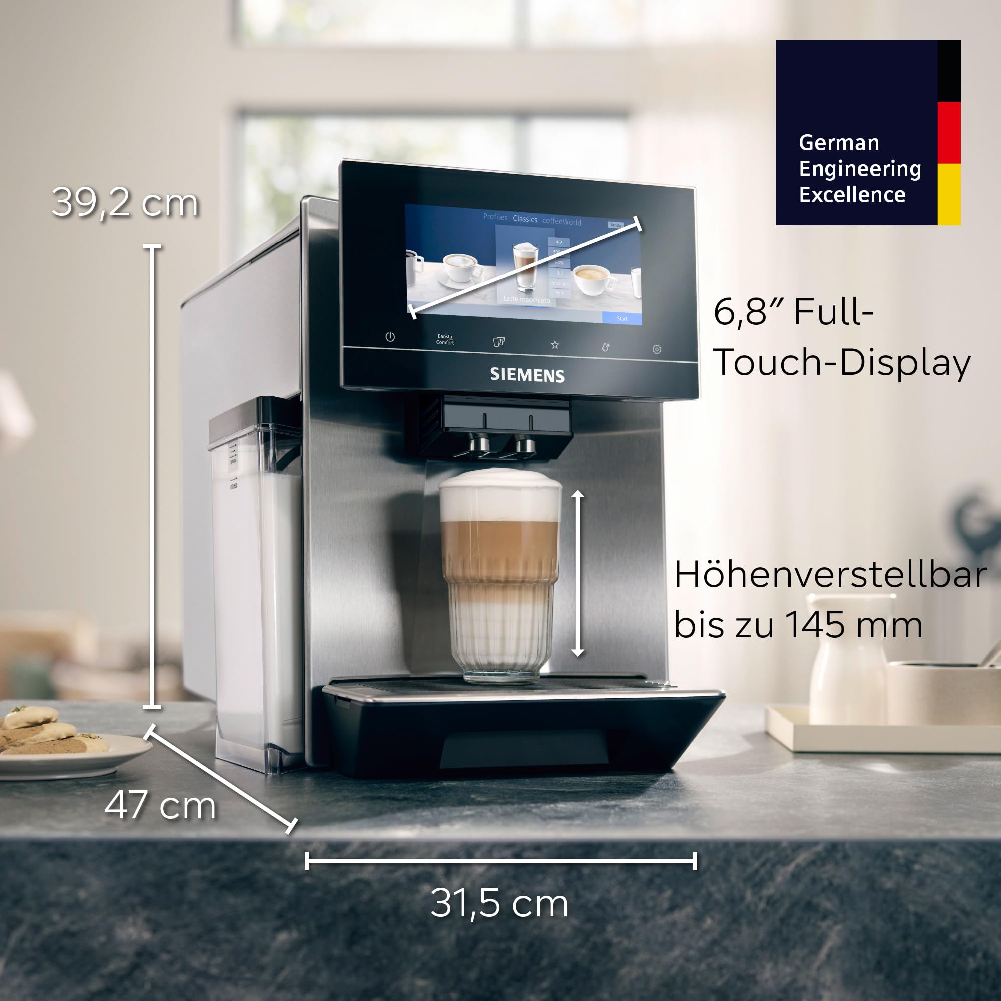 Siemens Kaffeevollautomat EQ900, großes farbiges TFT-Display, 36 Heiß- und Kaltgetränke, Cold Brew, super leise, Keramikmahlwerk, Doppeltassenfunktion, Steuerung per App, Edelstahl, TQ903D03