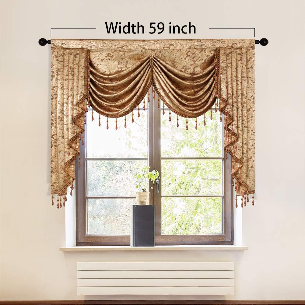 ELKCA Jacquard Waterfall Valance(59",Rod Pocket) and Curtain (52"x96", 2 Panels,Grommet Top)