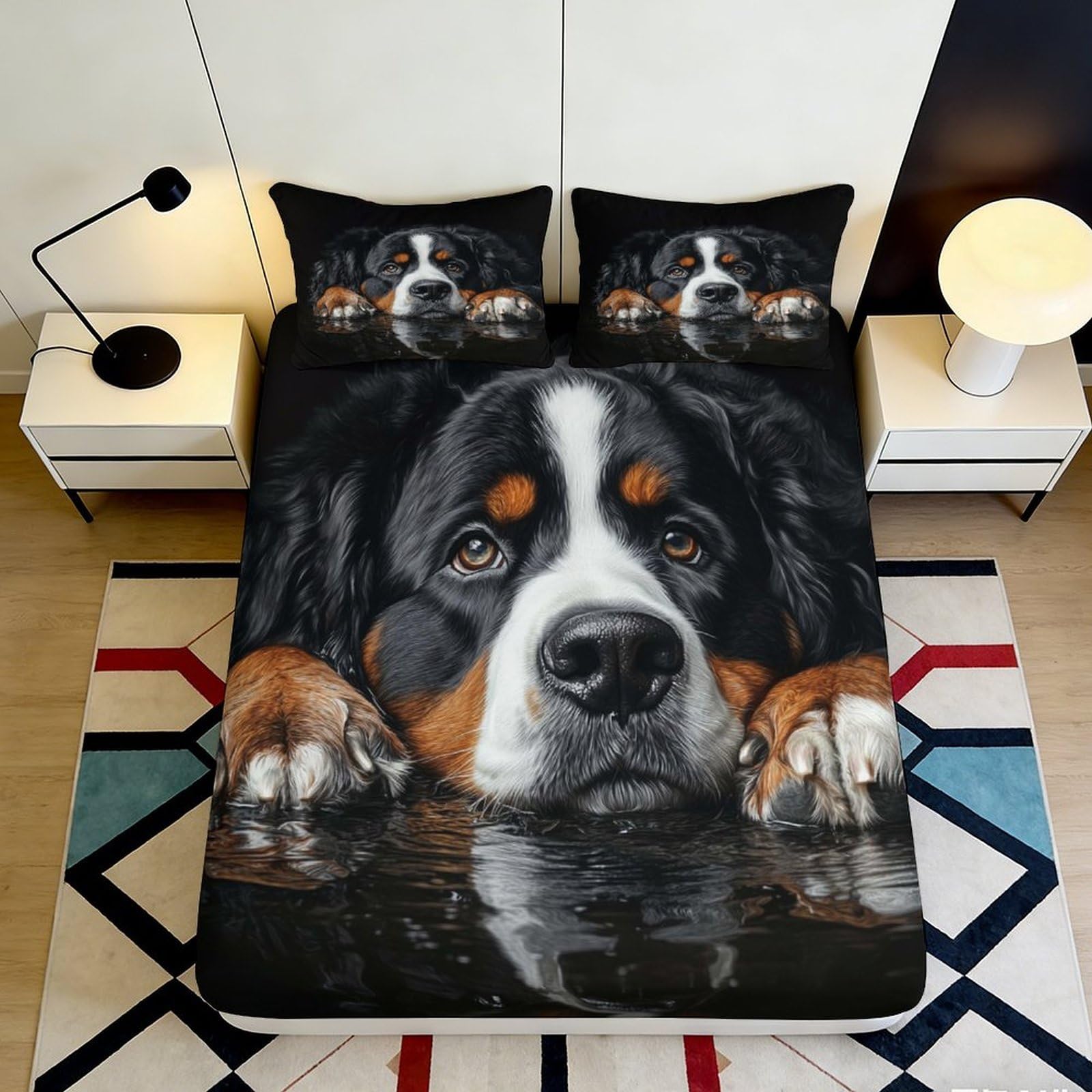 3D Printed Bernese Mountain Dog Fitted Sheet Microfiber Black Brown Dog Reflection Mattress Cover for Bedroom Guest Room Decor 200x200x25cm