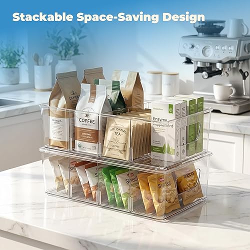 Miniatura 3 de Paquete de 6 cubos organizadores apilables de almacenamiento de despensa, plástico transparente con 3 separadores extraíbles, para aperitivos,