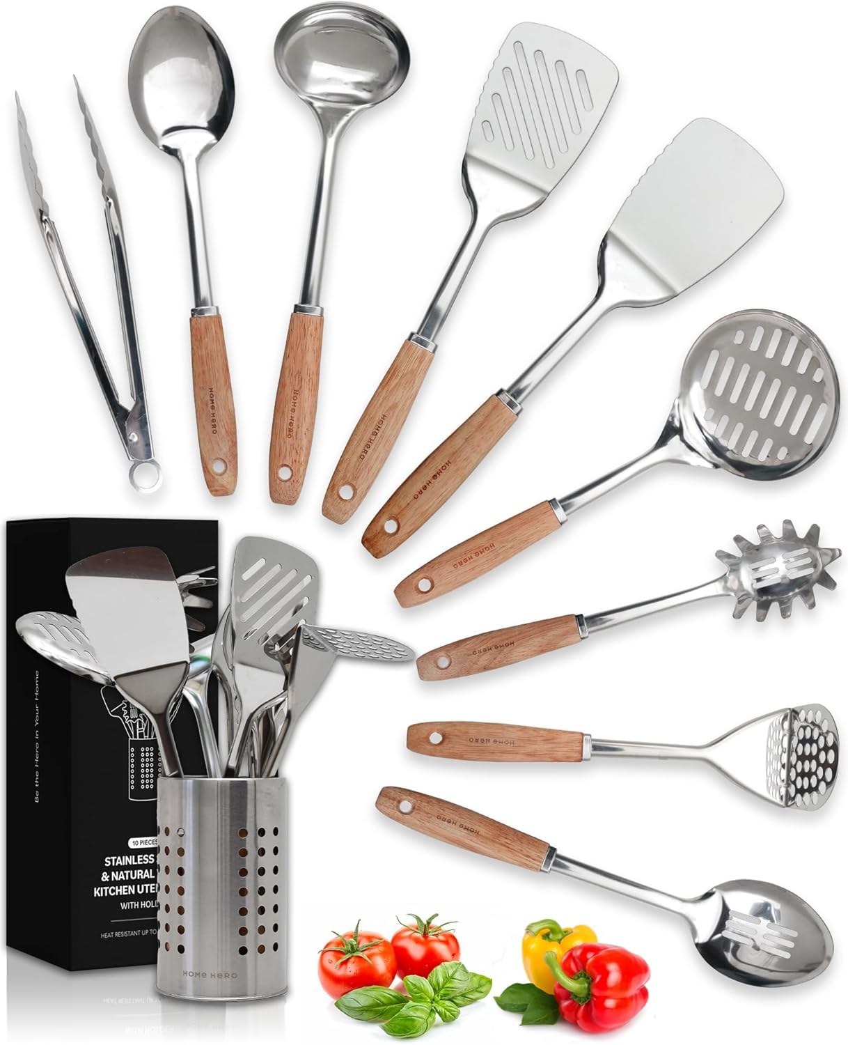 Home Hero Edelstahl-Küchenutensilien-Set - Antihaft-Edelstahl-Kochutensilien-Set - Hitzebeständige Küchenutensilien & Küchenhelfer aus Metall (10 tlg- Holz und Silbe)