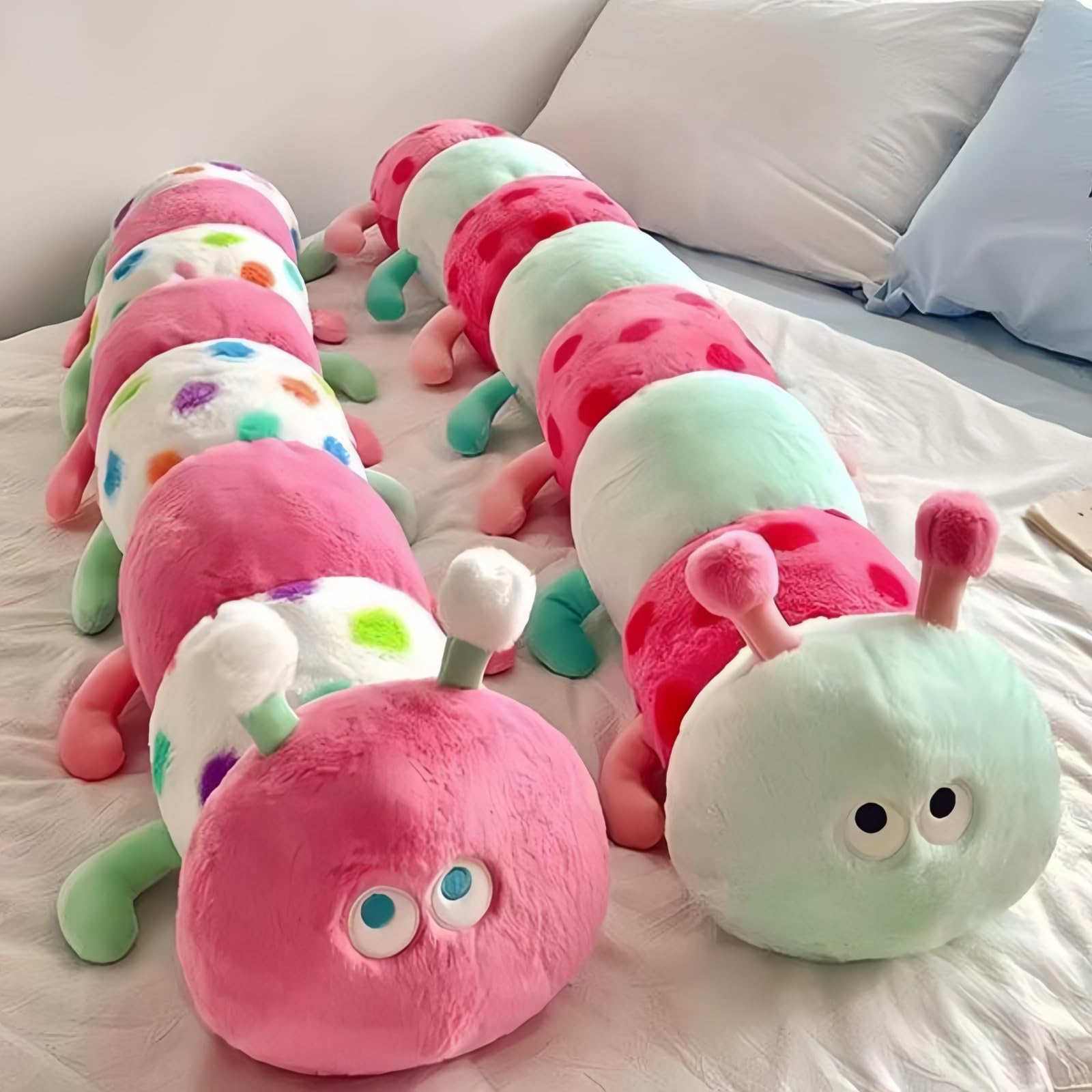 XXL Plüsch Raupe Kuscheltier – Lange Gepunktete Stofftier-Raupe als Raupenkissen/Körperkissen für Kinder, weiches Dekokissen in Rosa oder Schwarz-Weiß, 40–115 cm (Schwarz,115CM)