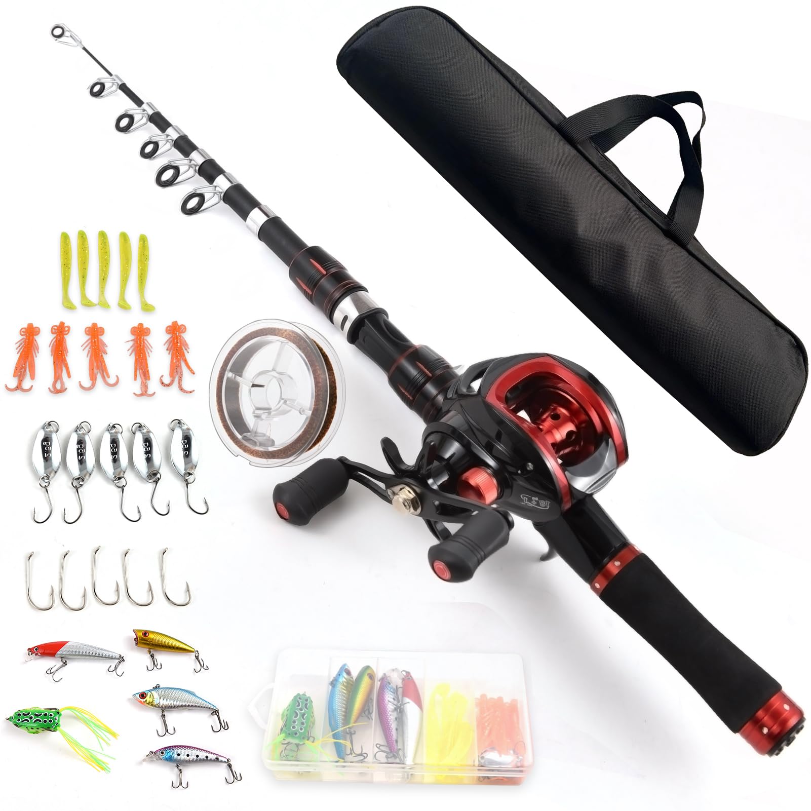 doorslay Fishing Rod and Reel Combo 2.4m Telescopic Fishing Rod with Right Hand Baitcasting Reel