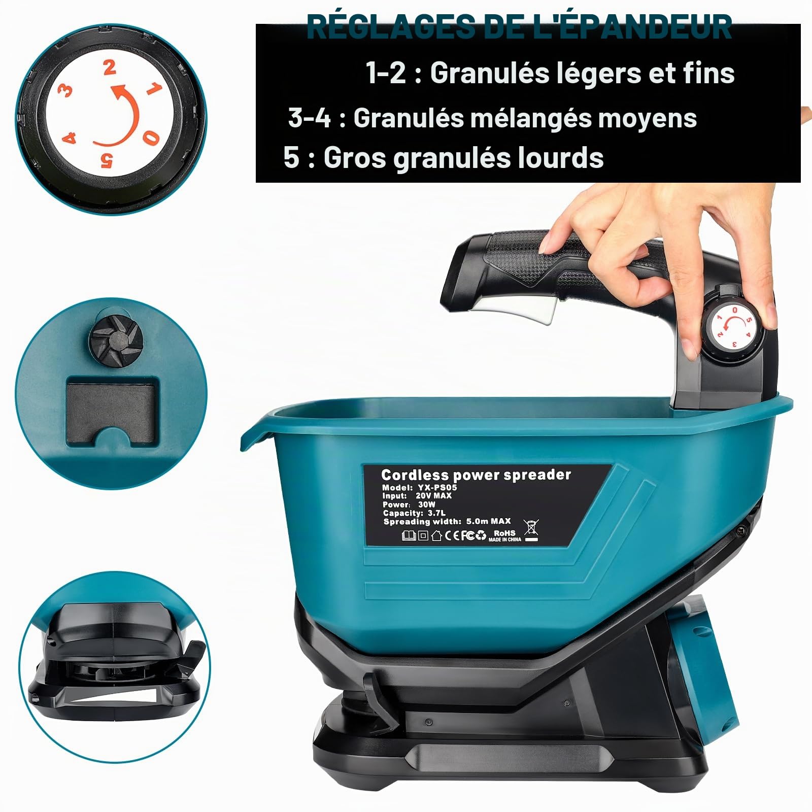 YEX-BUR Épandeur d'engrais portable pour batterie au lithium Makita 18 V, épandeur manuel avec réglage de la vitesse de rotation à 5 niveaux, 3,7 l, couvre jusqu'à 743 m² (sans batterie)