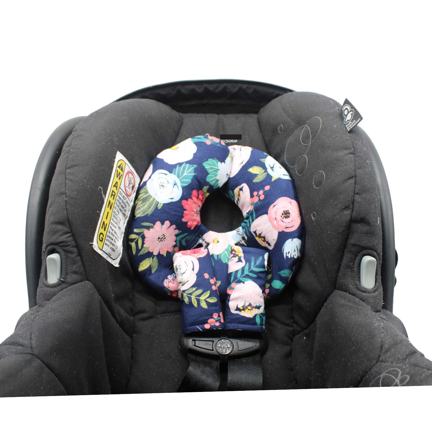Infant Car Seat Head Support Set, Navy Floral Print, Newborn Head Rest, Baby Strap Covers, Carry Cushion