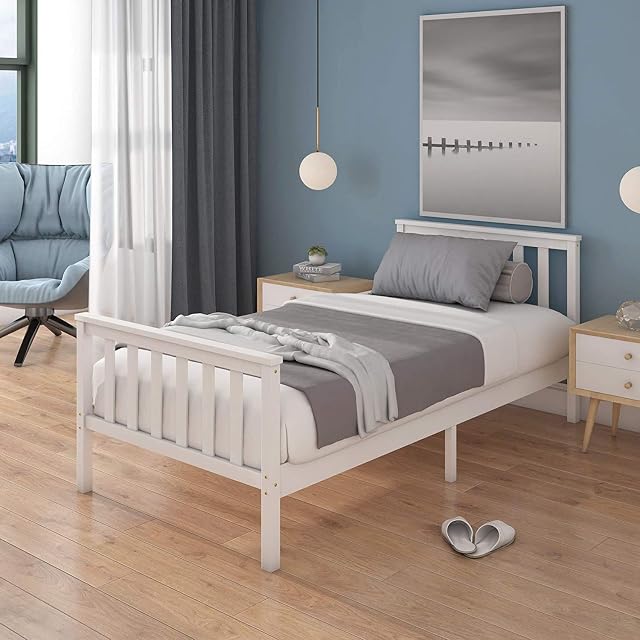 Panana Single Bed Solid Wood Bed Frame 3ft White Wooden For Adults, Kids, Teenagers (White)