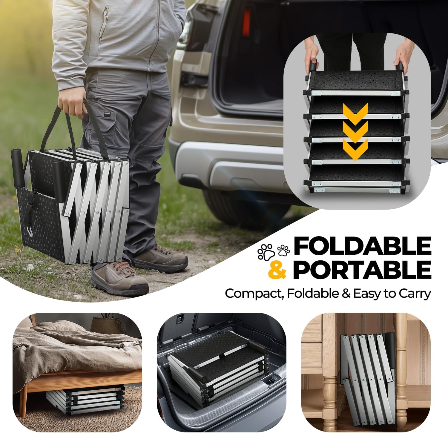 Auto Dynasty Dog Stairs for Large Dogs - 5 Steps Wide 37.4in High 31.8in Foldable Dog Ramp Vehicle Ramps for Car Non-Slip Surface Support up to 150lbs - Suitable for SUV,Truck, Sofas, Bed