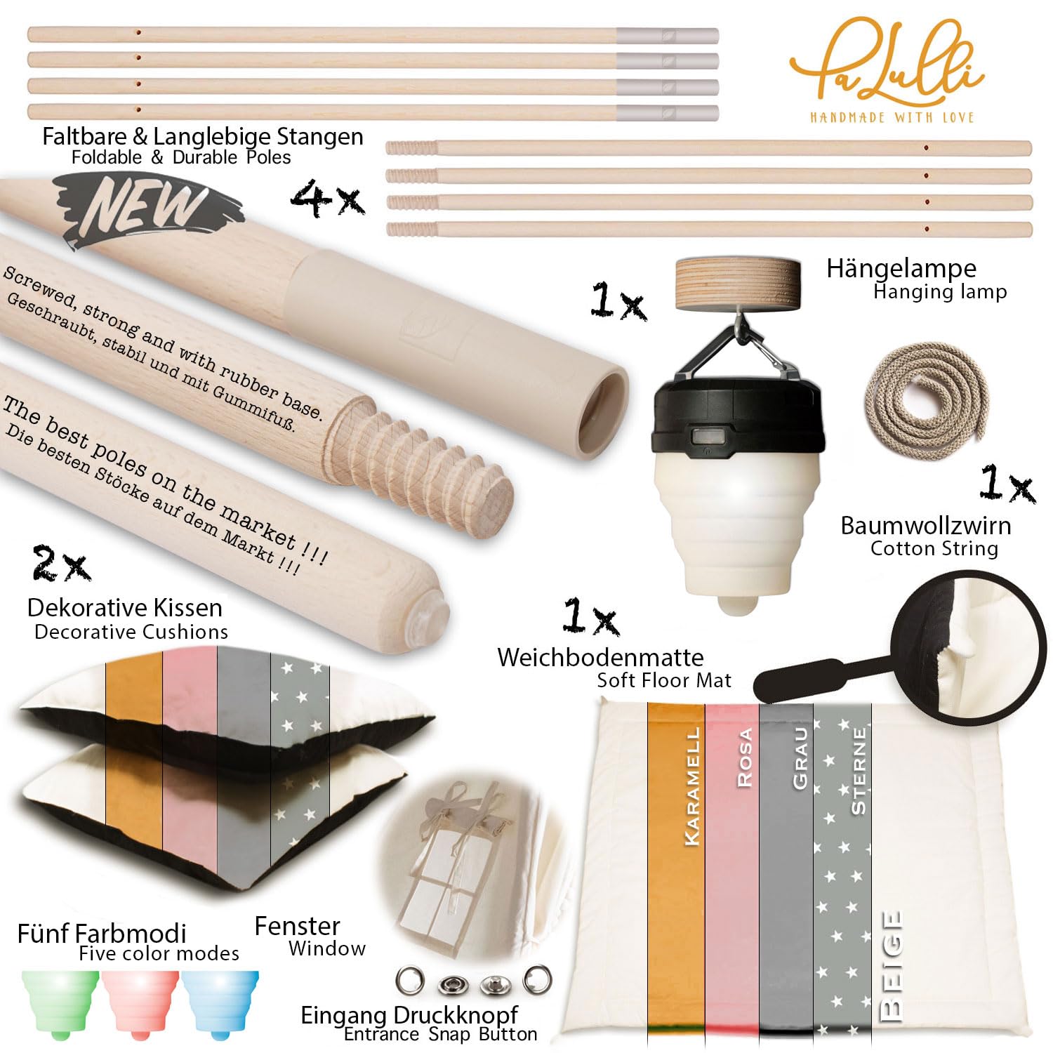 PaLulli® Tente tipi pour enfant en 100 % coton avec tapis douillet, système anti-collaps, stable, lampe suspendue de camping et 2 coussins décoratifs, tente de jeu Tippi, tente de jeu, beige