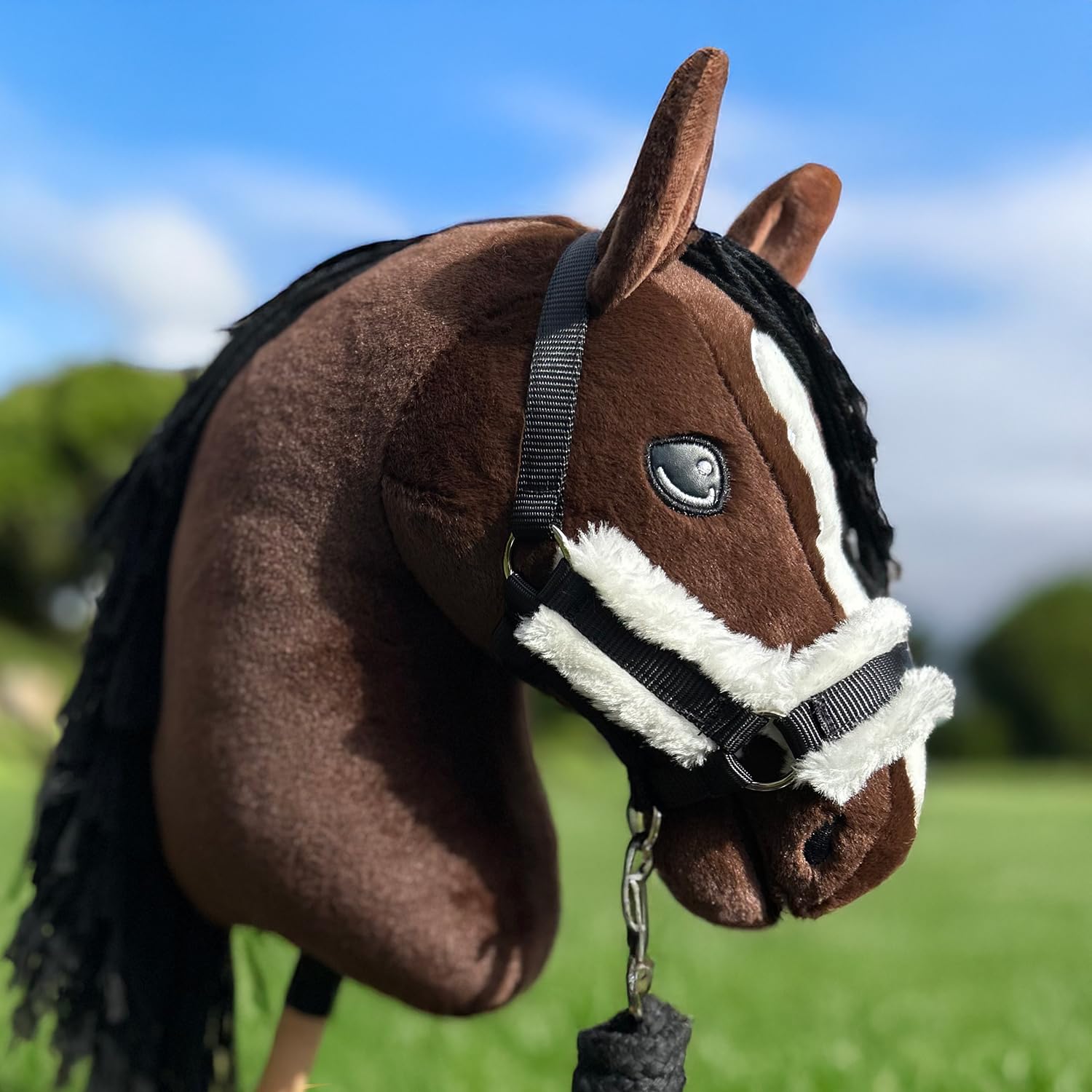 Hobby Horse Black Moumoute Halter Akcesory ze smyczą i czapką zabezpieczającą przed owadami, czarno-białe, do hobbystów, dla koni, rozmiar A4/A3