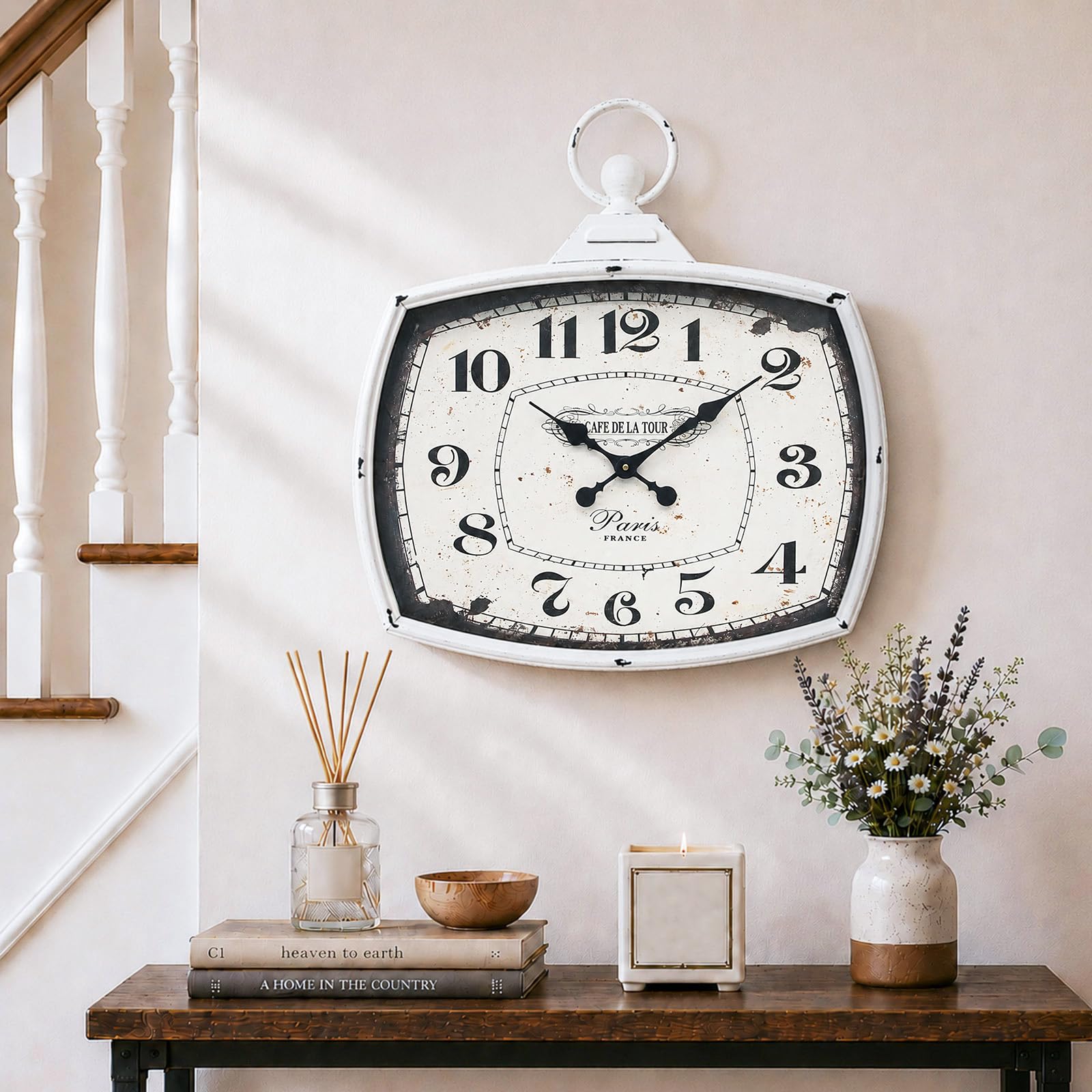 Horloge murale rectangulaire silencieuse en métal style ancien à piles