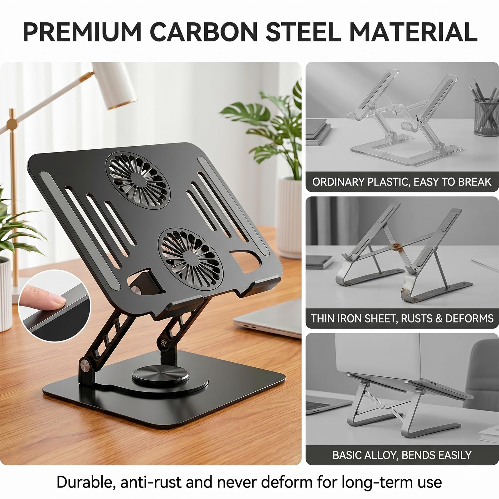 Soporte para portátil con ventilador de refrigeración, base giratoria de 360°, elevador de aluminio para laptop, soporte ergonómico plegable para computadora, altura ajustable y todos los