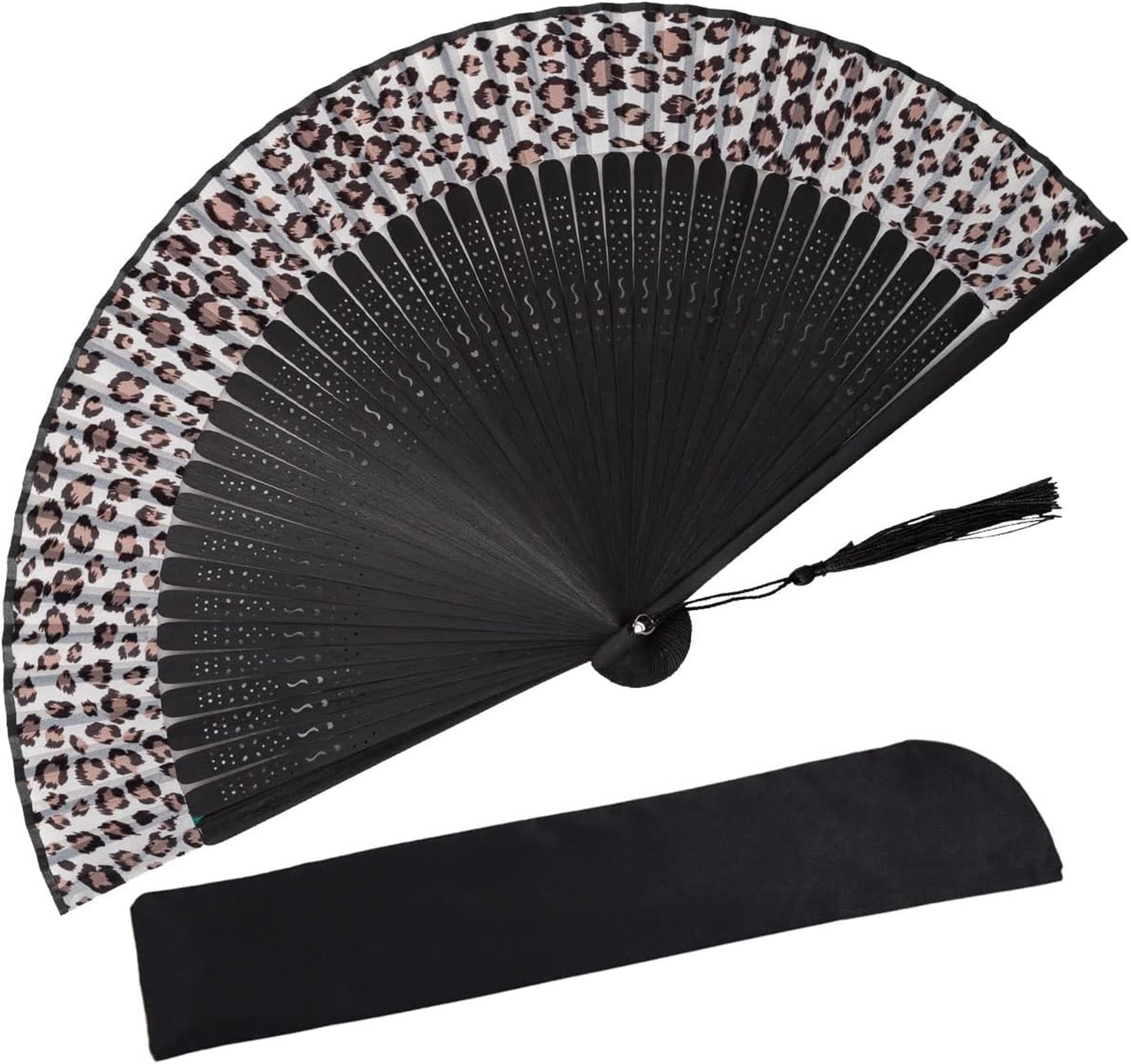 THE WHITE SHOP Small Folding Hand Fan for Women, Chinese Japanese Vintage Style Bamboo Silk Fans for Party Wedding Dancing Decoration Gift Performance/Leopard print