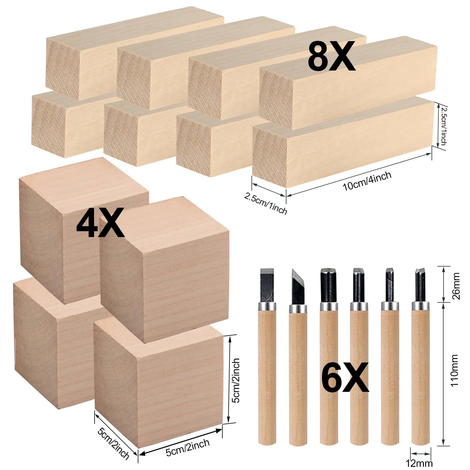 13 Blocs à Sculpter En Tilleul - Kit 3 Tailles (2,5x2,5x10 Cm, 5x5x10 Cm, 5x5x5 Cm) - Bois Massif Lisse - Pour Débutants Et Confirmés
