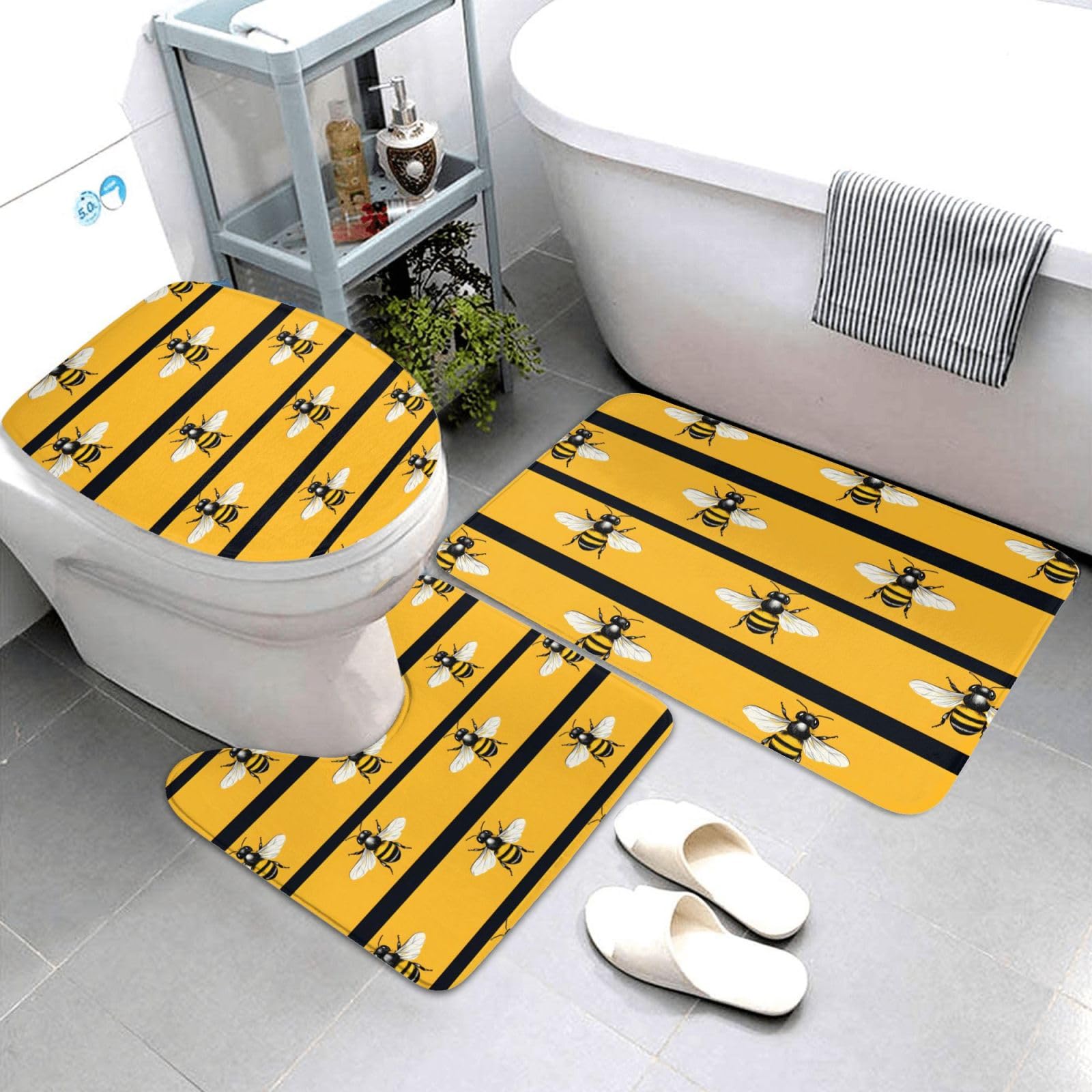 Tapis de salle de bain doux lot de 3 au motif abeille rayé pour un réveil cocooning