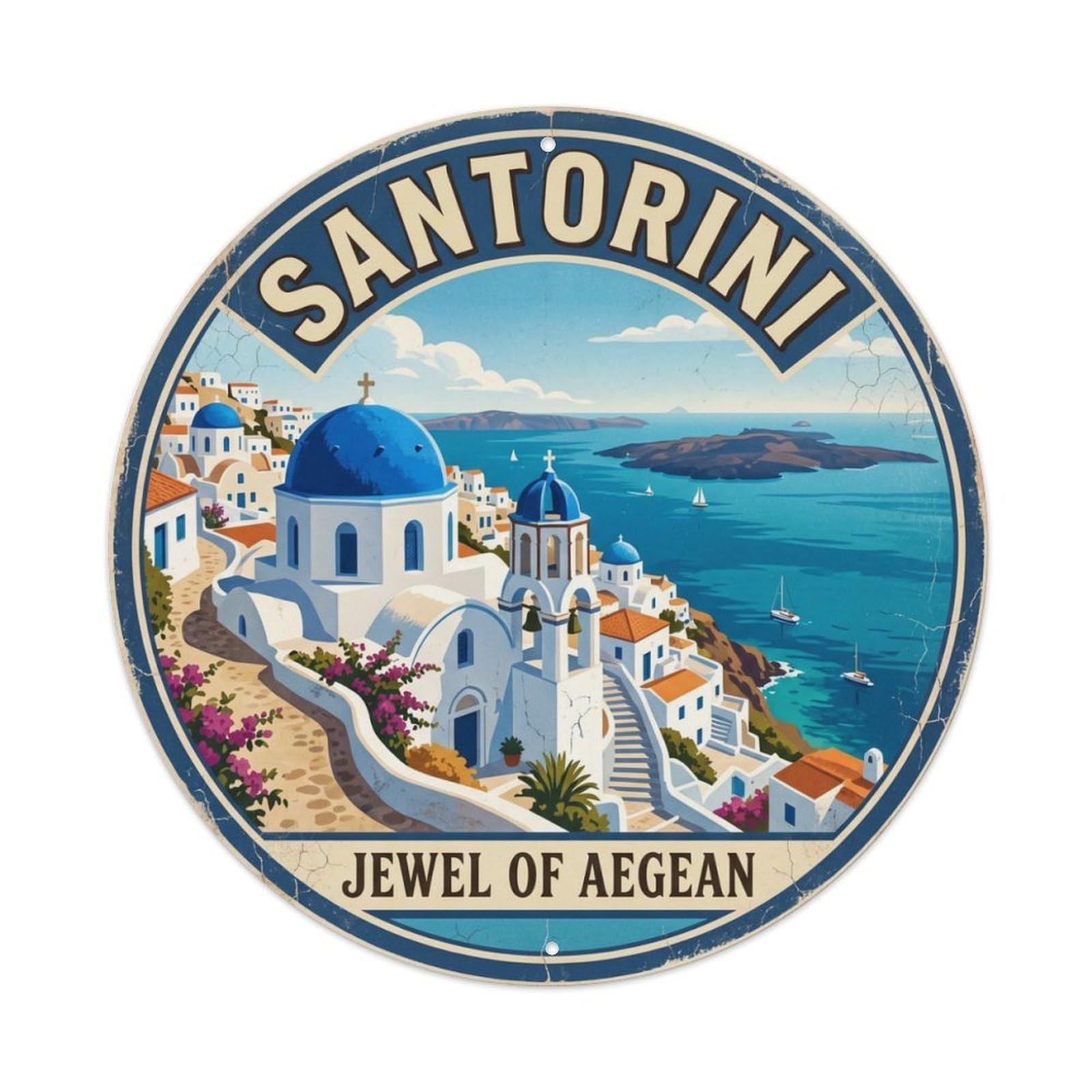 Vintage Travel Blue Dome Santorini Metal Tin Sign Plaque Wall Decor for Cafe, Club, Garden Round Metal Poster 8x8Inch