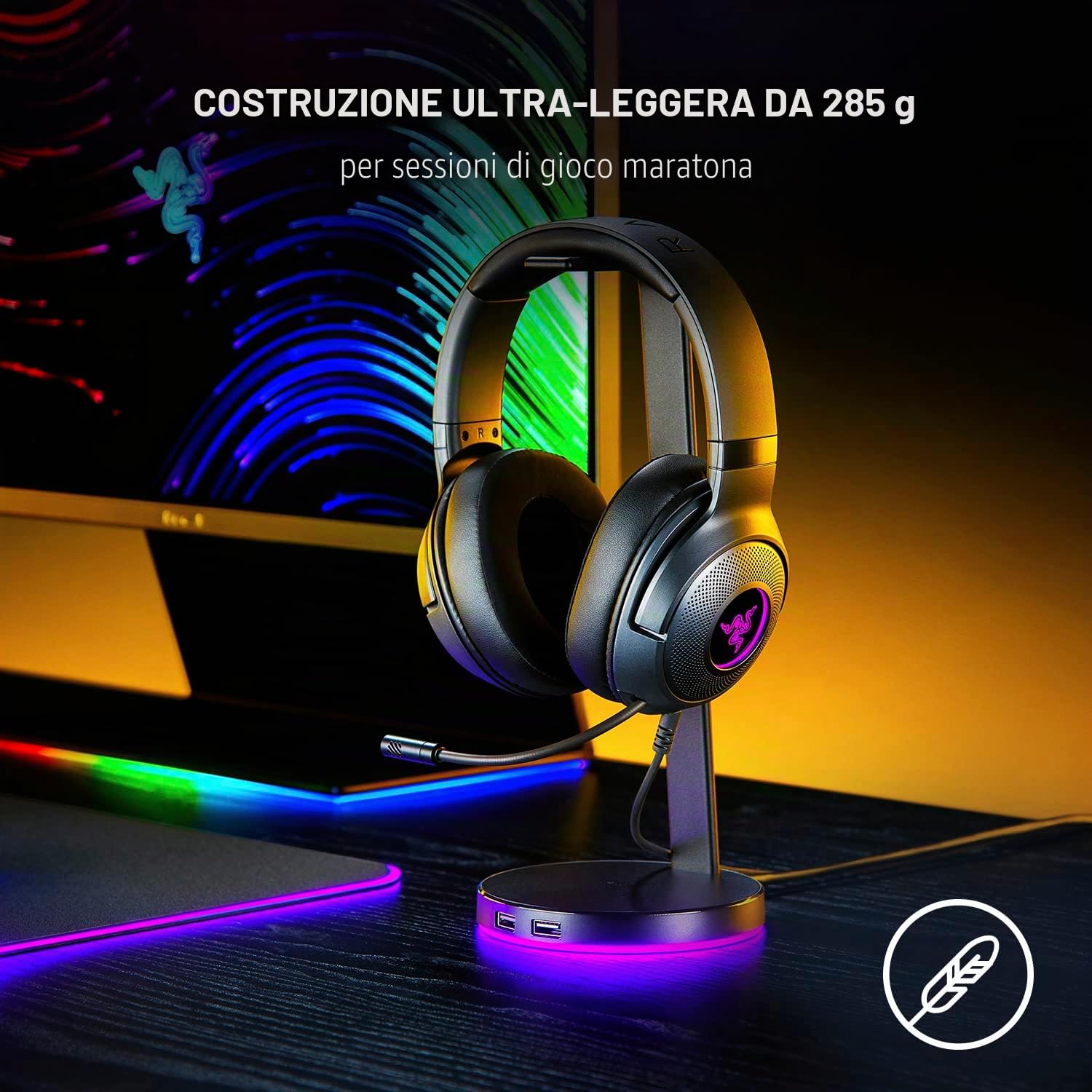 Razer Cuffie da gioco USB cablate Kraken V3 X: struttura leggera - driver triforce da 40 mm - microfono cardioide HyperClear - suono surround 7.1 - illuminazione Chroma RGB - nero
