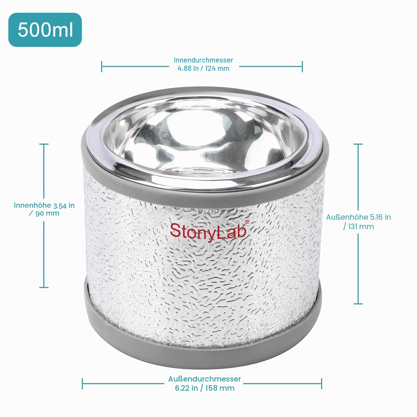 stonylab Dewar Kolben, Halbkugelförmiger Borosilikatglas Laborkolben mit Aluminiumboden, 90 mm Innentiefe und 124 mm Innendurchmesser, Dewar Flask für Labor - 500 ml